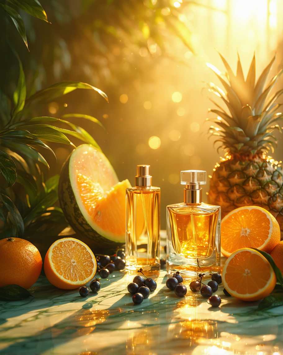Elegant Citrus Perfume Display with Fruit and Sunlight
