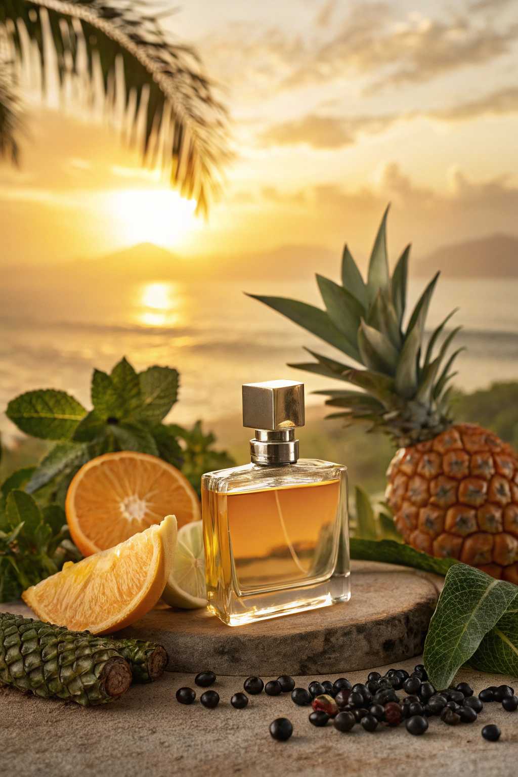 A realistic, luxurious perfume-inspired background with no perfume bottles or visible products. The design highlights the fragrance notes through natural imagery. The top features a vibrant setting with fresh bergamot slices, mandarin oranges, and lush green foliage under a golden sunrise. The middle of the scene transitions into a tropical and fruity ambiance with amber glowing warmly beside fresh-cut melon, black currant clusters, and pineapple slices on a smooth surface. The base embodies depth and elegance with soft musk tones, a hint of petitgrain leaves, resinous galbanum, and a subtle touch of creamy vanilla pods. The overall style is realistic with intricate textures, bright colors, and a harmonious blend of citrus, fruity, and earthy elements, designed in a vertical 9:16 aspect ratio.