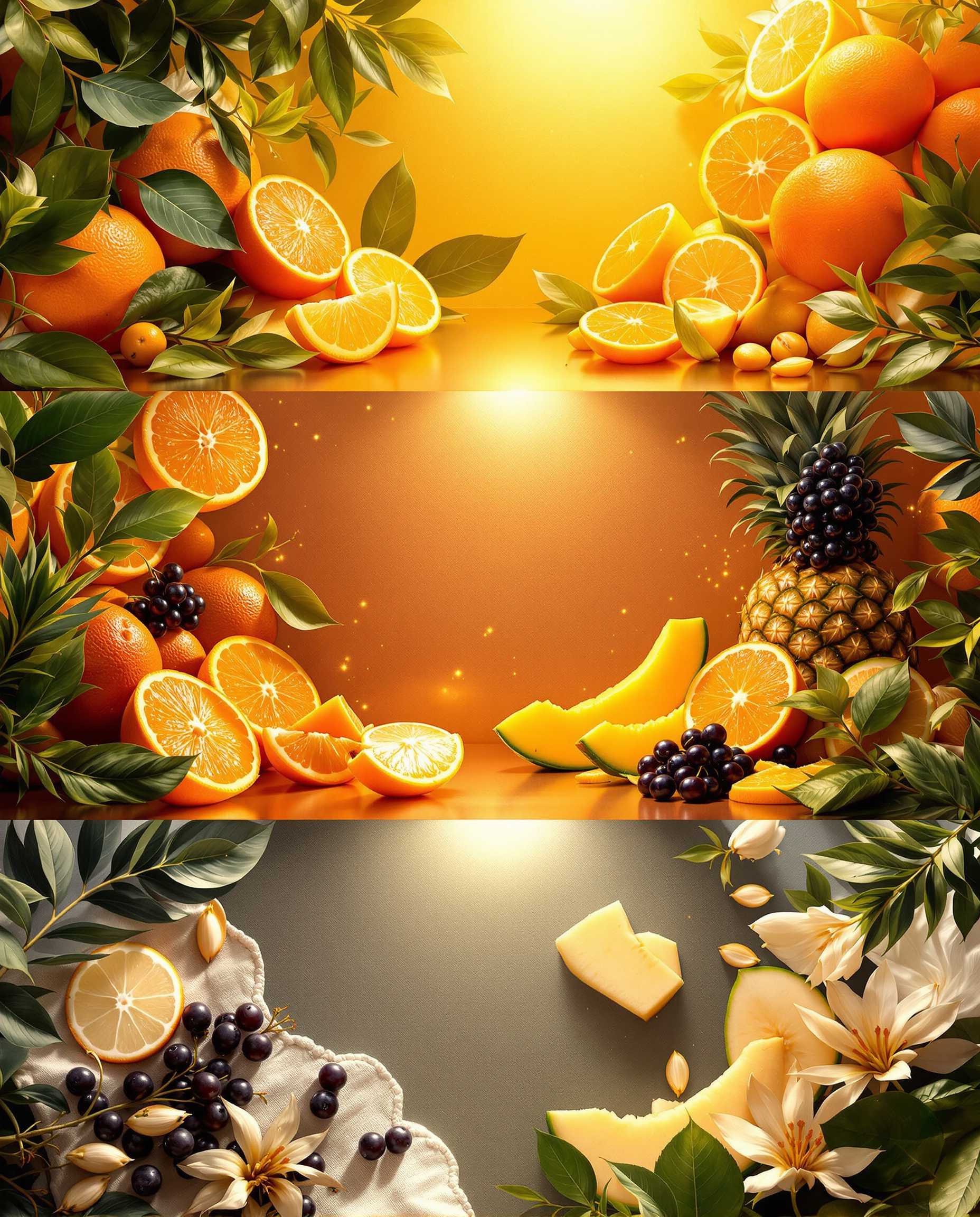 A realistic, luxurious perfume-inspired background with no perfume bottles or visible products. The design highlights the fragrance notes through natural imagery. The top features a vibrant setting with fresh bergamot slices, mandarin oranges, and lush green foliage under a golden sunrise. The middle of the scene transitions into a tropical and fruity ambiance with amber glowing warmly beside fresh-cut melon, black currant clusters, and pineapple slices on a smooth surface. The base embodies depth and elegance with soft musk tones, a hint of petitgrain leaves, resinous galbanum, and a subtle touch of creamy vanilla pods. The overall style is realistic with intricate textures, bright colors, and a harmonious blend of citrus, fruity, and earthy elements, designed in a vertical 9:16 aspect ratio.
