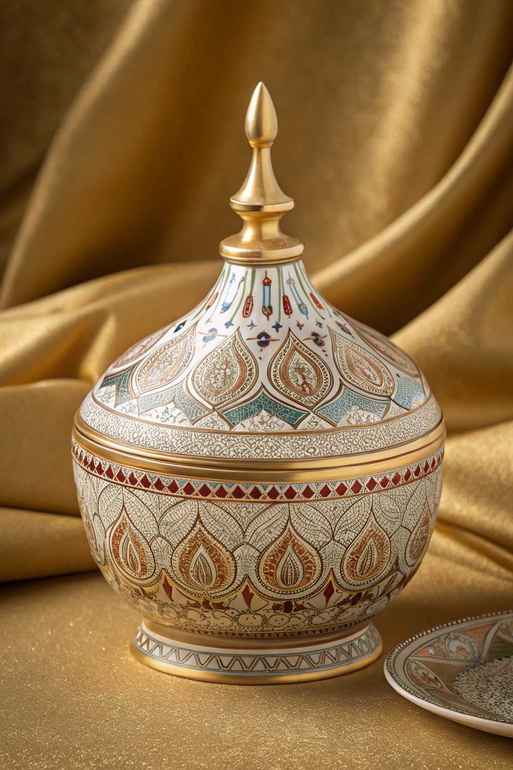 Golden Vase with Intricate Design on Gold Fabric Background