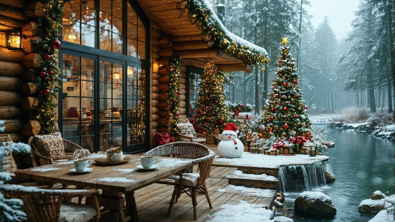 A breathtaking ultra realistic Christmas themed wooden house in the woods with glass wall in front, A Christmas decorated porch with a table and chairs, 2 cups of coffee on the table, Thick garlands, A snowy ambience, A beautiful snowman outside the house, A decorated Christmas tree outside, A lake near the house, Mini waterfall, Tall pine trees, Beautiful flowers by the river banks, Very detailed, UHD, 4K.