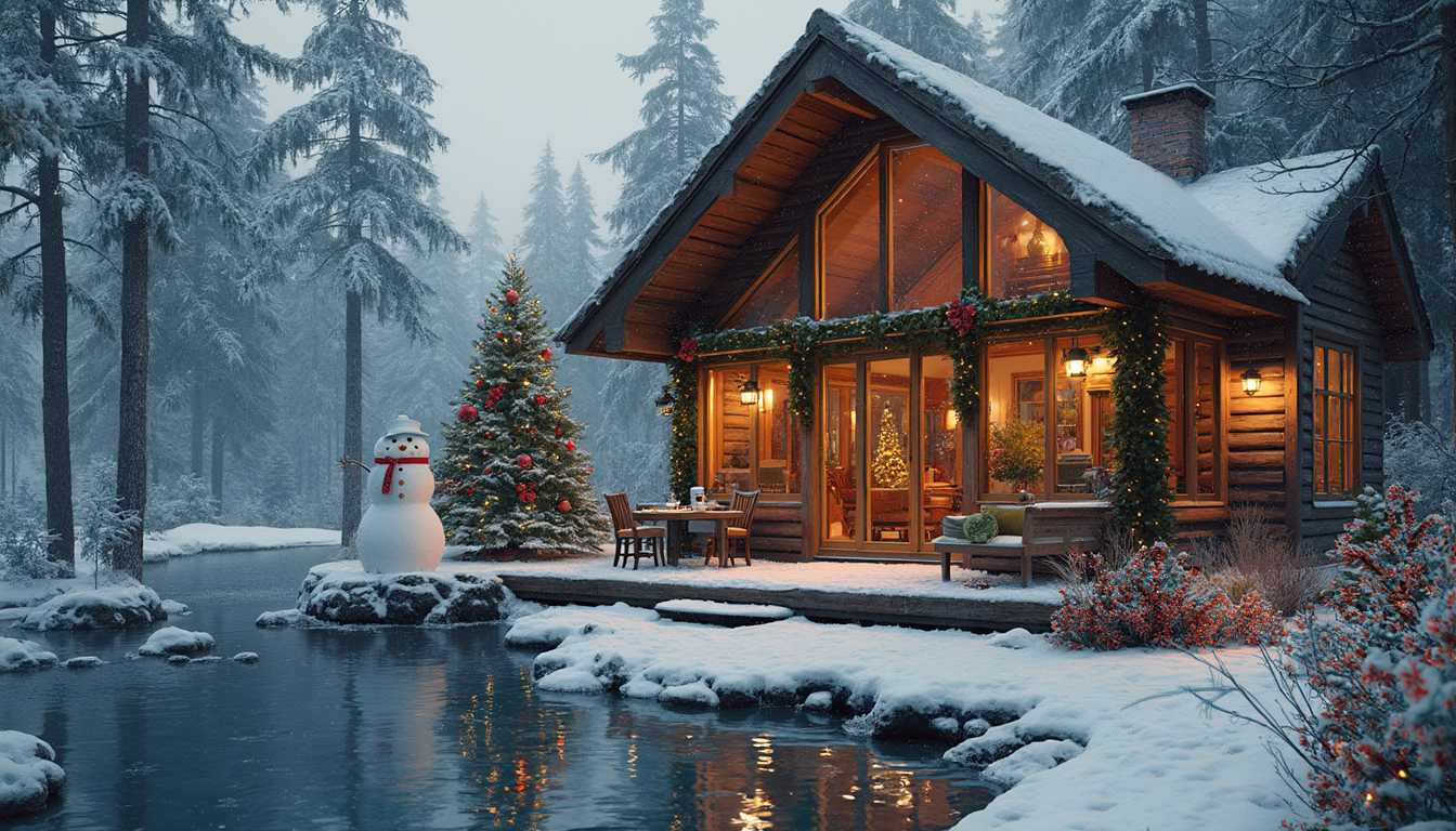 Charming Christmas Cabin with Snowman and Tree by the Lake