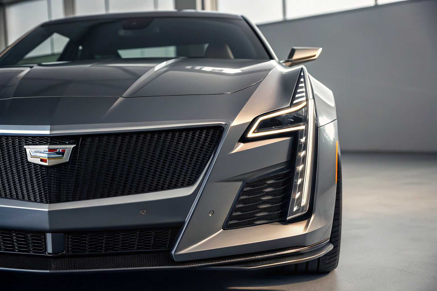 Generate a hyper-realistic close-up front view of a 2025 Cadillac XLR in a modern studio setting. Highlight the bold and angular LED headlights with intricate detailing, the iconic Cadillac grille with a mesh pattern and chrome accents, and the sculpted hood with sharp character lines. Emphasize the aggressive front bumper design with aerodynamic air intakes and a premium, futuristic finish. Ensure the lighting is soft and diffused to bring out the sharp edges, luxurious textures, and metallic paint, maintaining the aesthetic of a professional photoshoot.
