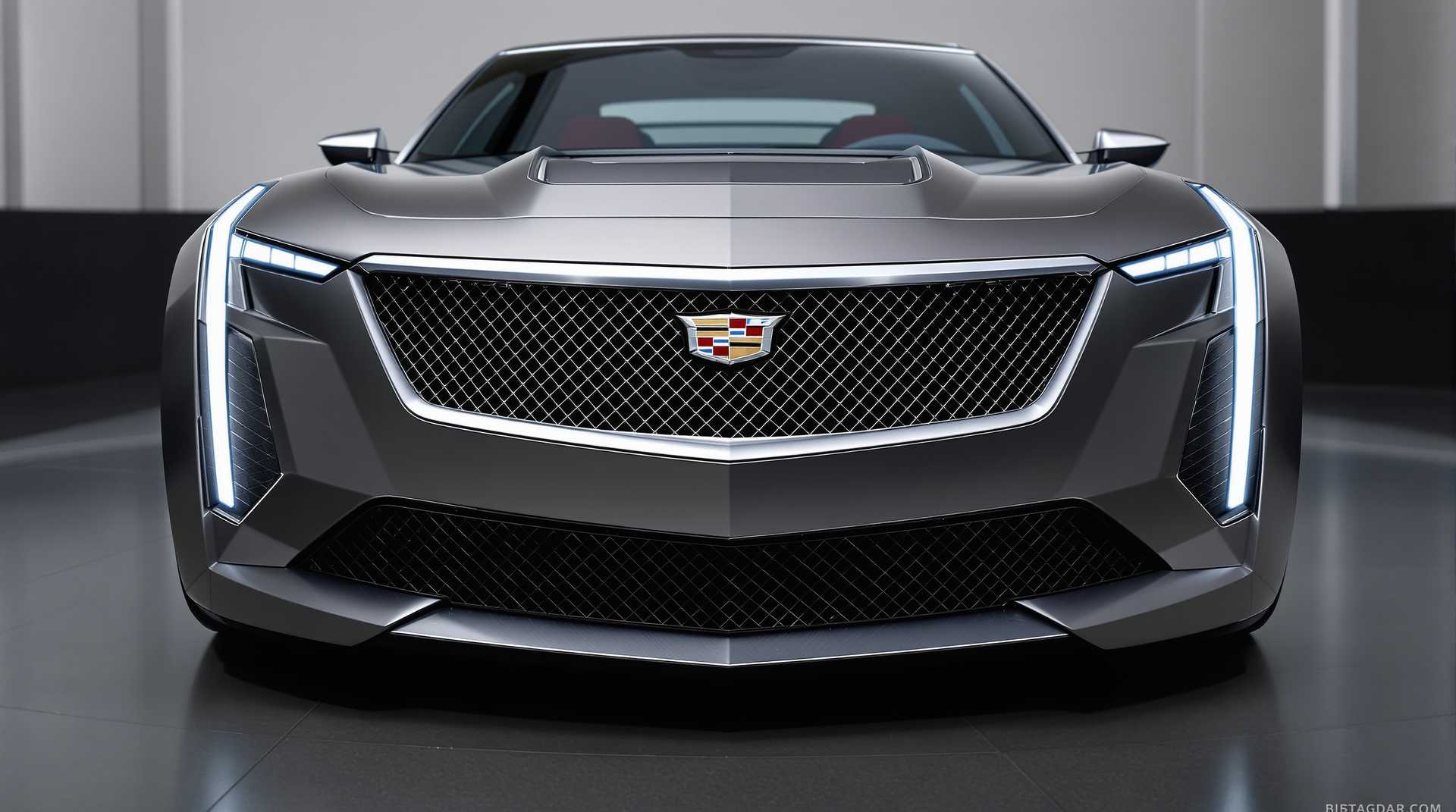 Generate a hyper-realistic close-up front view of a 2025 Cadillac XLR in a modern studio setting. Highlight the bold and angular LED headlights with intricate detailing, the iconic Cadillac grille with a mesh pattern and chrome accents, and the sculpted hood with sharp character lines. Emphasize the aggressive front bumper design with aerodynamic air intakes and a premium, futuristic finish. Ensure the lighting is soft and diffused to bring out the sharp edges, luxurious textures, and metallic paint, maintaining the aesthetic of a professional photoshoot.