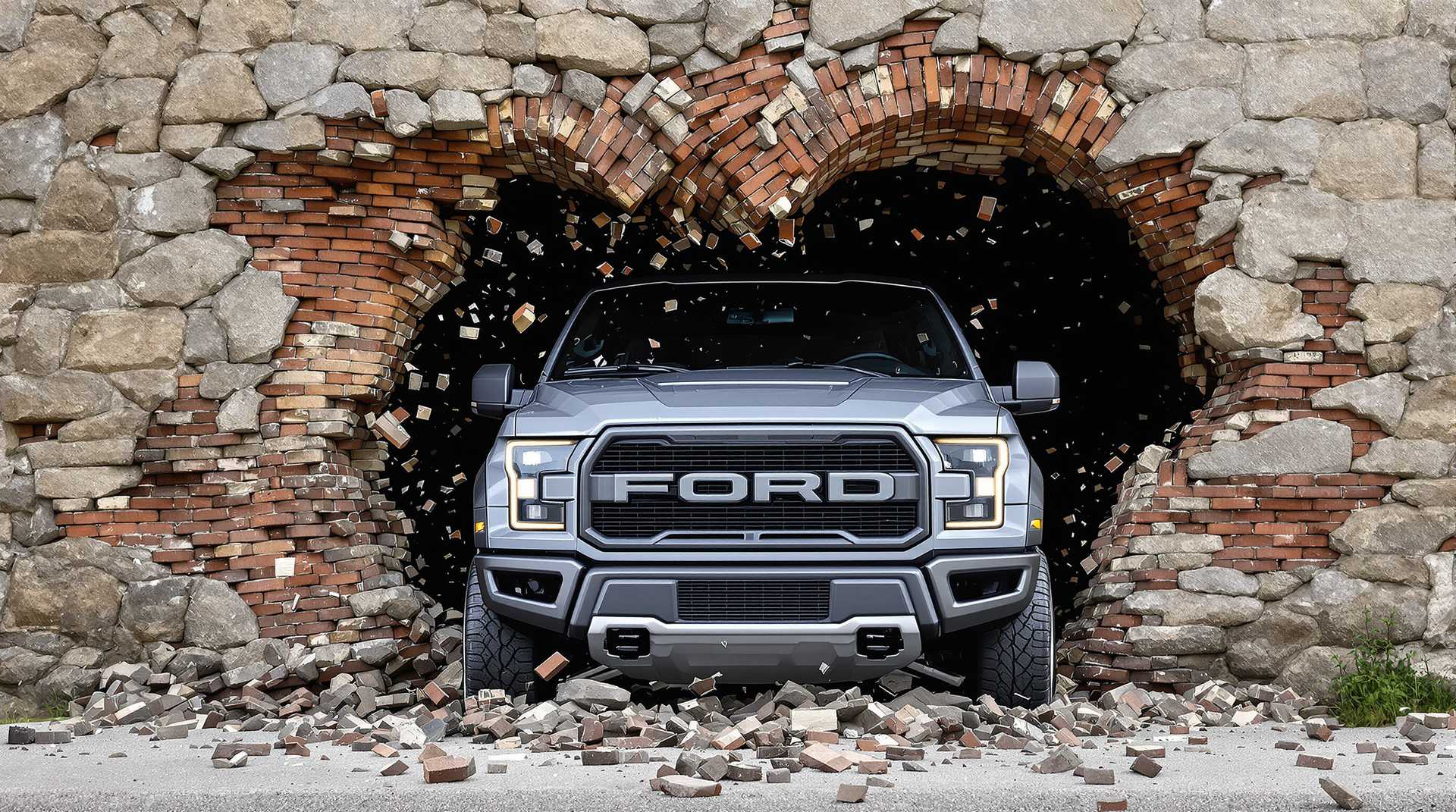 A grey ‘Ford Raptor’, facing the camera/viewer, breaks through a relatively old stone wall, which is beginning to crumble slightly, so that it looks as if it is breaking through the 3rd wall to the viewer. There are a lot of bricks and pieces of wall flying around. 