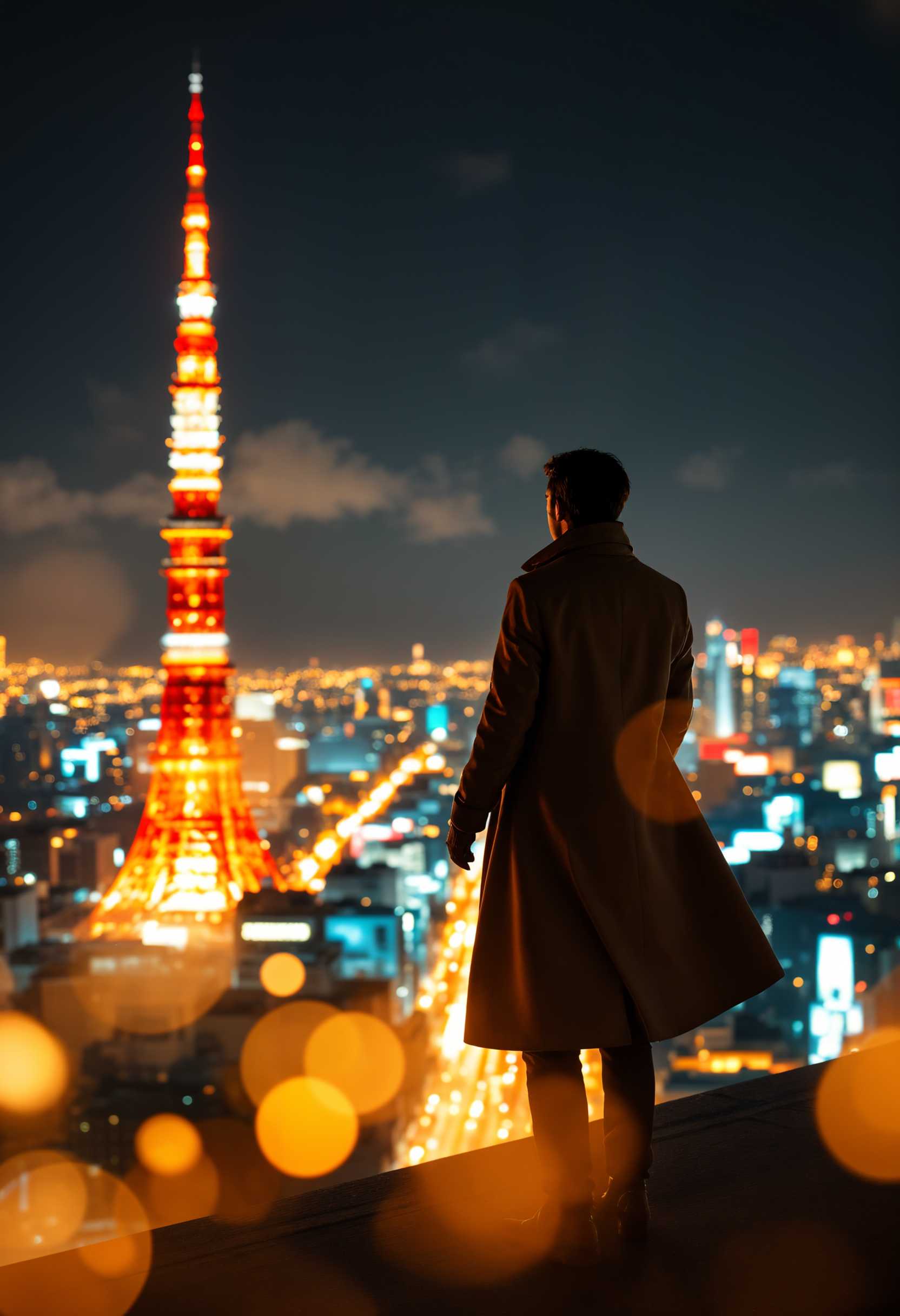 A figure standing triumphantly atop a towering skyscraper, gazing out over a bustling urban landscape illuminated by a myriad of vibrant city lights at night. The scene captures the iconic Tokyo Tower in the background, its red and white structure glowing against the dark sky. The person, clad in a stylish, long coat, appears awe-inspired, with a contemplative expression, as the city sprawls below. The glowing lights cast a warm, golden hue across the scene, creating a contrast with the cool blues of the night sky. The composition features a dynamic low-angle perspective, emphasizing the height of the building and the vastness of the city below. Soft bokeh effects enhance the foreground, capturing the twinkling lights that fill the streets below, while a gentle breeze adds movement to the scene, creating an overall atmosphere of wonder and inspiration.
