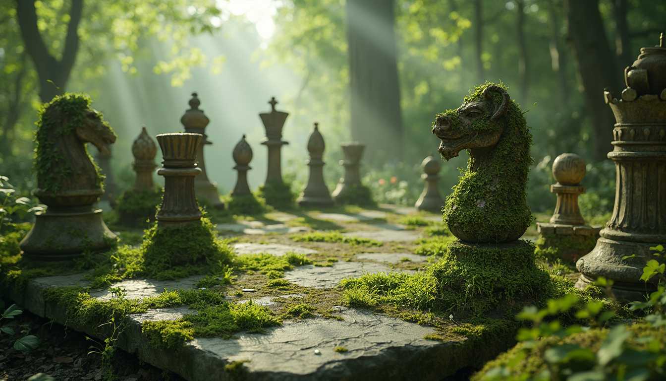In a forgotten glade, where time seems to stand still, a whimsical tableau unfolds—an oversized chessboard, its once-sleek surface now a patchwork of weathered stone, entwined with lush emerald moss that spills like velvet across the squares. Each chess piece, a masterpiece of artistry, rises majestically from the ground; the regal knights, their manes entwined with delicate tendrils of ivy, and the stately kings and queens adorned with intricate carvings of nature, their surfaces glistening with beads of dew that catch the soft light filtering through the canopy above. 

Sunbeams cascade through the leafy boughs, casting a dappled glow that dances across the scene, illuminating the rich textures of the moss and the polished surfaces of the wooden pieces, creating a tapestry of light and shadow that breathes life into the tableau. The air is thick with the earthy scent of damp soil and the sweet aroma of wildflowers, while soft whispers of a gentle breeze rustle the leaves, adding a melodic undertone to this enchanting setting. 