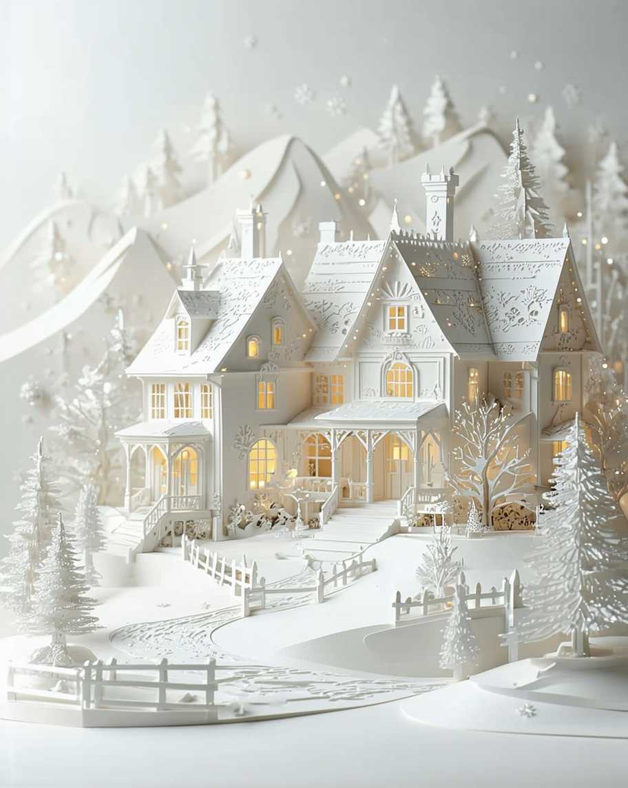 **White background, white houses and trees in the snow, lights on inside windows, intricate details, paper carving style, detailed carving, light relief, three-dimensional, high definition, high resolution, high detail, bright colors, delicate textures, and beautiful artistic conception. White Ultra wide image of a Christmas landscape with houses and trees in focus, all made of pure white color. The overall picture is very simple, simple to create an atmosphere of tranquility and calmness. It gives people such as peaceful feeling. This is a real masterpiece! I am so happy that you have created it for me! bowing your head and adding some warm pictures for Christmas Day!