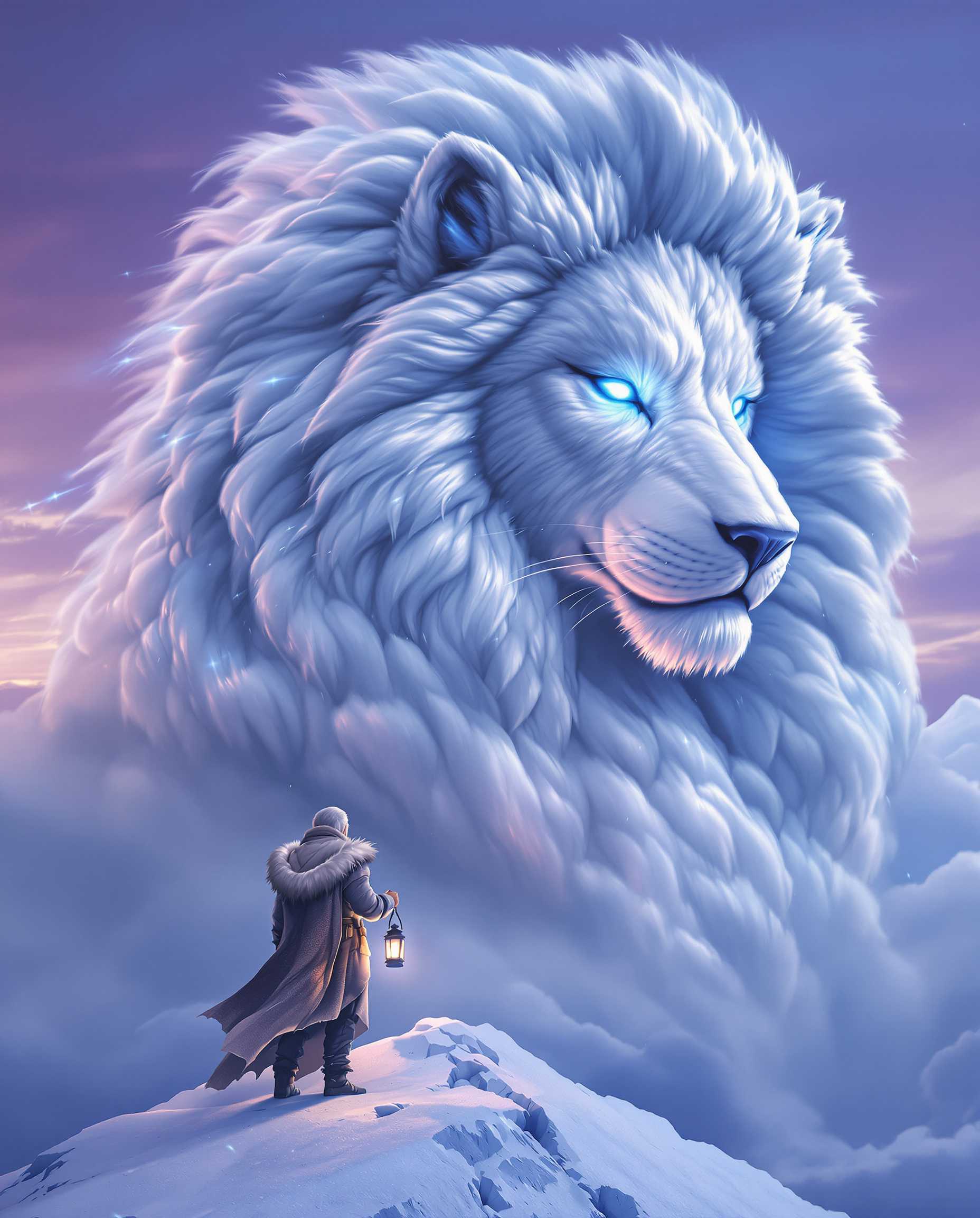 A mystic traveler draped in a fur-lined cloak stands atop a snow-like cloud ridge, gazing at the colossal head of a lion sculpted from swirling gray and white clouds. The wolf’s glowing blue eyes exude wisdom and mysticism, and its breath appears as faint auroras shimmering in the sky. The human holds a lantern glowing with a soft blue light, reflecting the connection between the two. The backdrop is a twilight sky blending purples and blues, adding a sense of serenity.