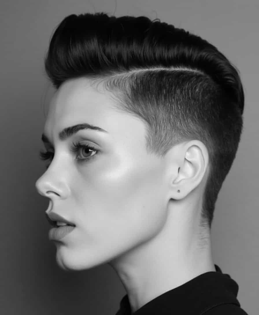 A classic image of a woman with a fade and a deep side part. The side part is clean and structured, with the fade blending smoothly. The background is muted, keeping the focus on the sleek, timeless haircut.