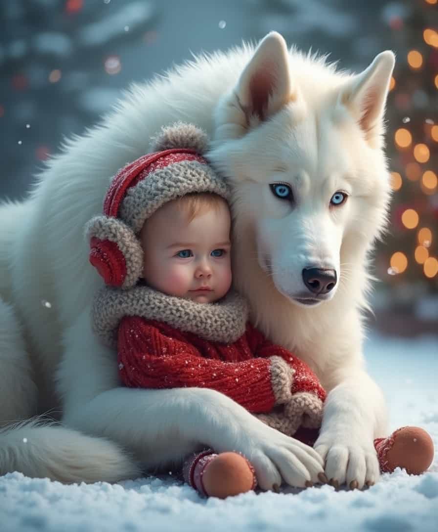 (A hyper-realistic image of a 1-year-old toddler girl with fair skin, wearing a knitted red sweater and earmuffs, being lovingly hugged by a giant, snowy-white Husky. The Husky’s large body envelops the toddler in warmth, with its expressive blue eyes watching over the child. The winter scene features a soft blanket of snow on the ground, with Christmas lights sparkling in the background. The toddler’s face radiates joy and awe, while the Husky looks protective and content in the serene holiday setting.) - hyper realistic