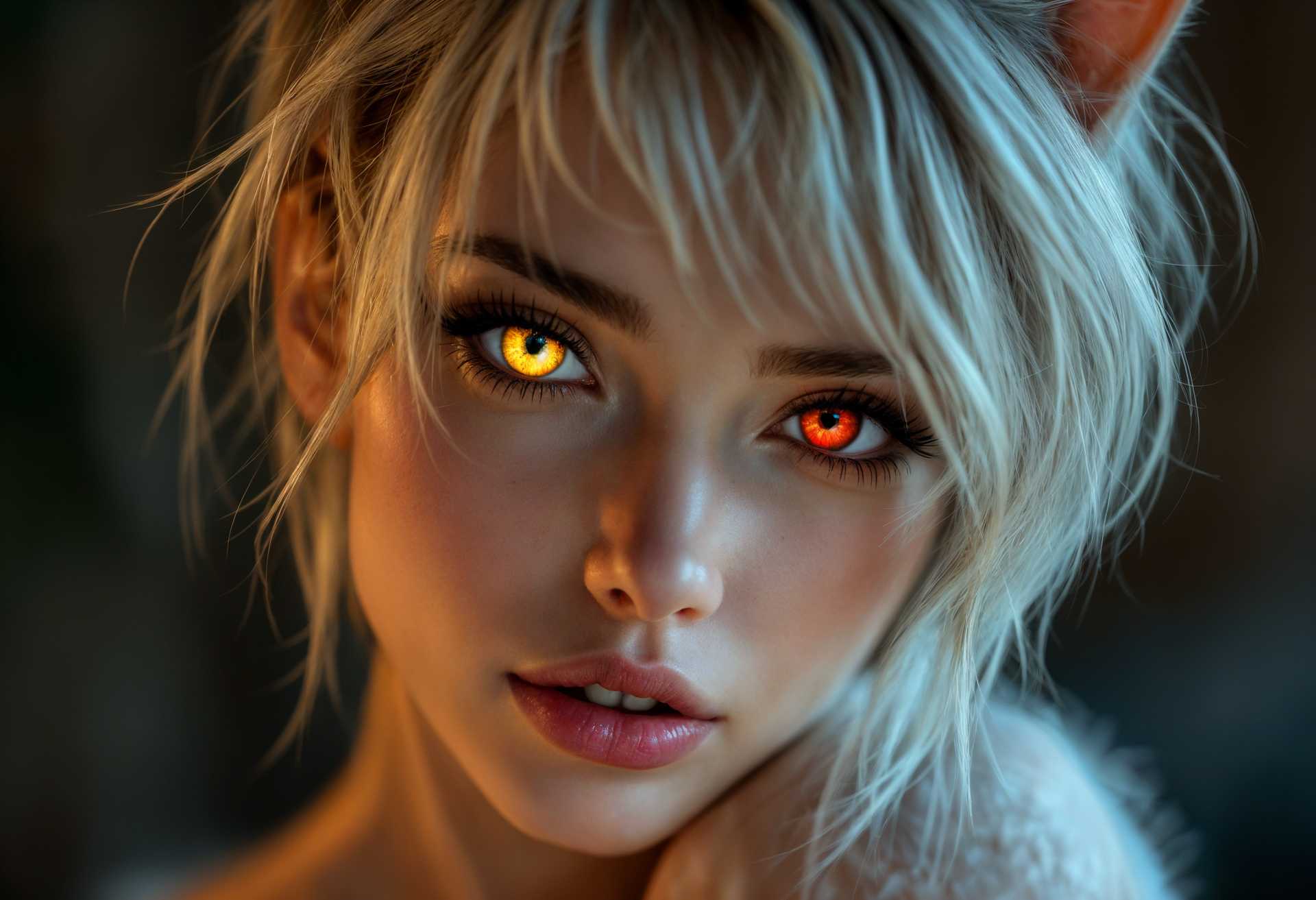 masterpiece, best quality, highres, sharp image, more detail, masterpiece, best quality, highres, sharp image, more detail, Create an 8k ultra-detailed masterpiece of a beautiful female human-kitty hybrid. She has short, sexy asymmetrical hair that stylishly frames her face, which is enhanced by vibrant glowy eyes revealing her striking heterochromia: one eye a vibrant yellow and the other a deep, captivating red. Position her against a softly lit background that harmonizes with her features, using warm, ambient lighting to create gentle highlights and shadows that enhance her allure and charm. Capture her playful yet seductive demeanor as she gazes directly at the viewer, radiating confidence and intrigue. The composition should focus on her captivating facial expression, with particular emphasis on her unique eyes and subtle feline features, such as pointed ears and a delicate nose. The background should be slightly blurred, drawing the viewer's attention squarely onto her form. The overall mood is enchanting and inviting, creating an atmosphere of warmth and curiosity, reminiscent of a dreamy, whimsical fantasy world.