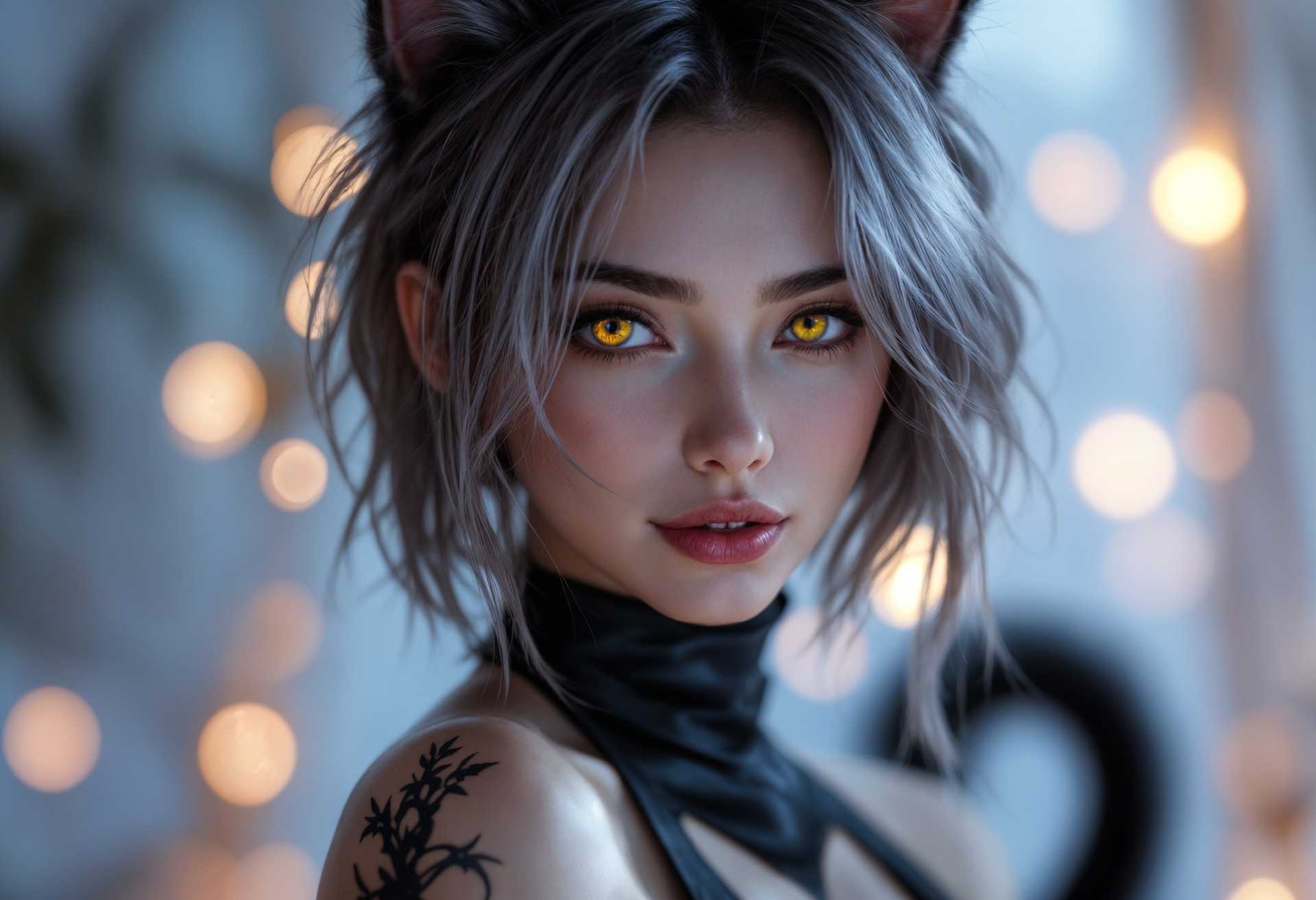 masterpiece, best quality, highres, sharp image, more detail, masterpiece, best quality, highres, sharp image, more detail, Create an 8k ultra-detailed masterpiece of a beautiful female human-kitty hybrid. She has short, sexy asymmetrical hair that stylishly frames her face, which is enhanced by vibrant glowy eyes revealing her striking heterochromia: one eye a vibrant yellow and the other a deep, captivating red. Position her against a softly lit background that harmonizes with her features, using warm, ambient lighting to create gentle highlights and shadows that enhance her allure and charm. Capture her playful yet seductive demeanor as she gazes directly at the viewer, radiating confidence and intrigue. The composition should focus on her captivating facial expression, with particular emphasis on her unique eyes and subtle feline features, such as pointed ears and a delicate nose. The background should be slightly blurred, drawing the viewer's attention squarely onto her form. The overall mood is enchanting and inviting, creating an atmosphere of warmth and curiosity, reminiscent of a dreamy, whimsical fantasy world.