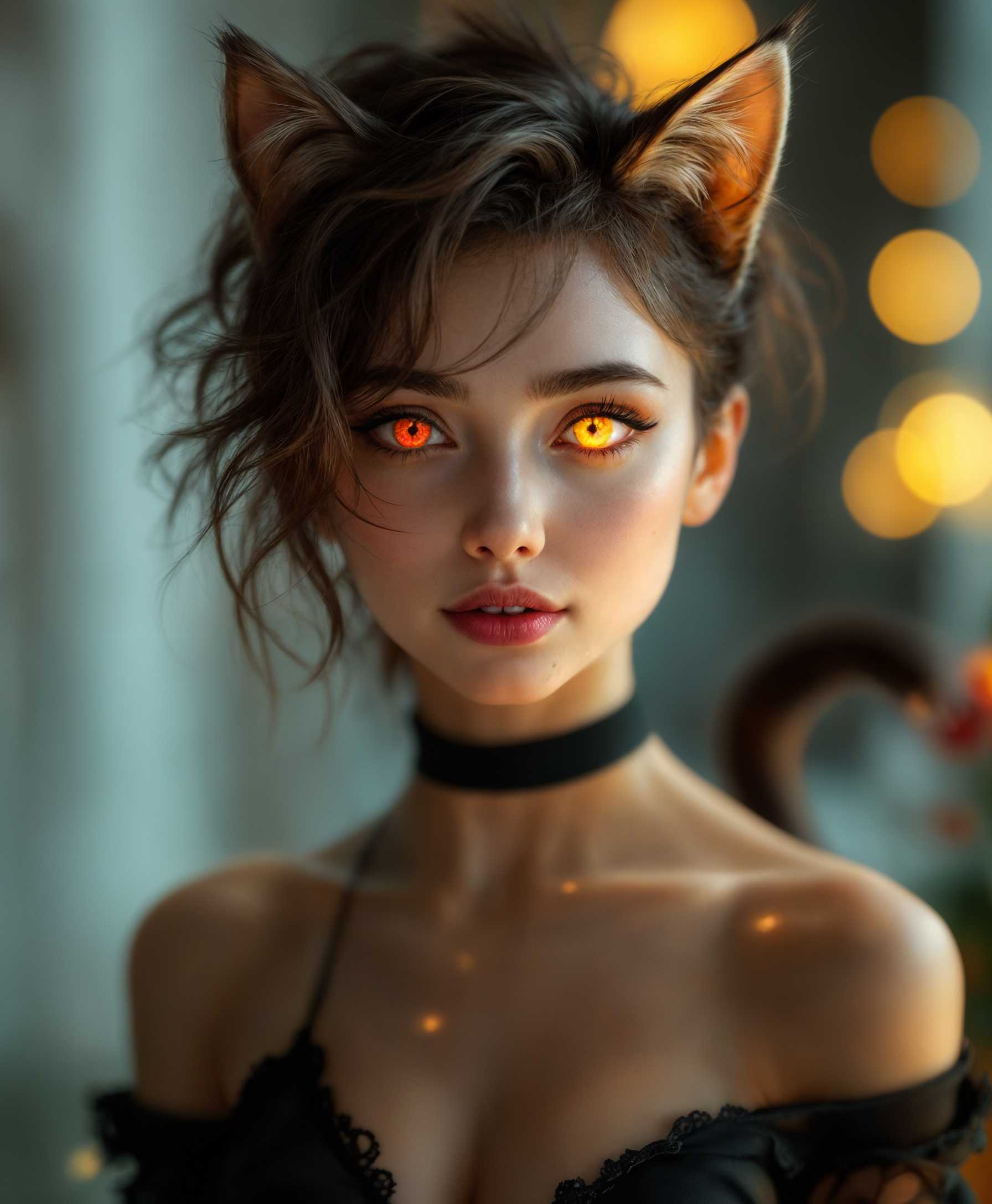 masterpiece, best quality, highres, sharp image, more detail, masterpiece, best quality, highres, sharp image, more detail, Create an 8k ultra-detailed masterpiece of a beautiful female human-kitty hybrid, depicted in a full-body view. She possesses short, stylish asymmetrical hair that frames her face elegantly and cascades down one side, highlighting her vibrant, glowy eyes that exhibit striking heterochromia—one an intense yellow and the other a deep, captivating red. Her athletic yet graceful physique is accentuated by sleek feline traits, featuring elegantly pointed ears, a delicate nose, and a playful, swishing tail. 

Position her against a softly lit background that harmonizes with her features, utilizing warm, ambient lighting to create gentle highlights and shadows that enhance her allure and charm. Capture her playful yet seductive demeanor as she poses confidently, gazing directly at the viewer with a flirtatious smile that radiates intrigue. The composition should focus cohesively on her enchanting presence in the foreground, with subtle details emphasizing the softness of her skin and the texture of her fur blending seamlessly.

The background must be slightly blurred, drawing the viewer's attention squarely onto her captivating form. The overall mood is enchanting and inviting, evoking an atmosphere of warmth and curiosity, reminiscent of a dreamy, whimsical fantasy world filled with the essence of magic and allure.