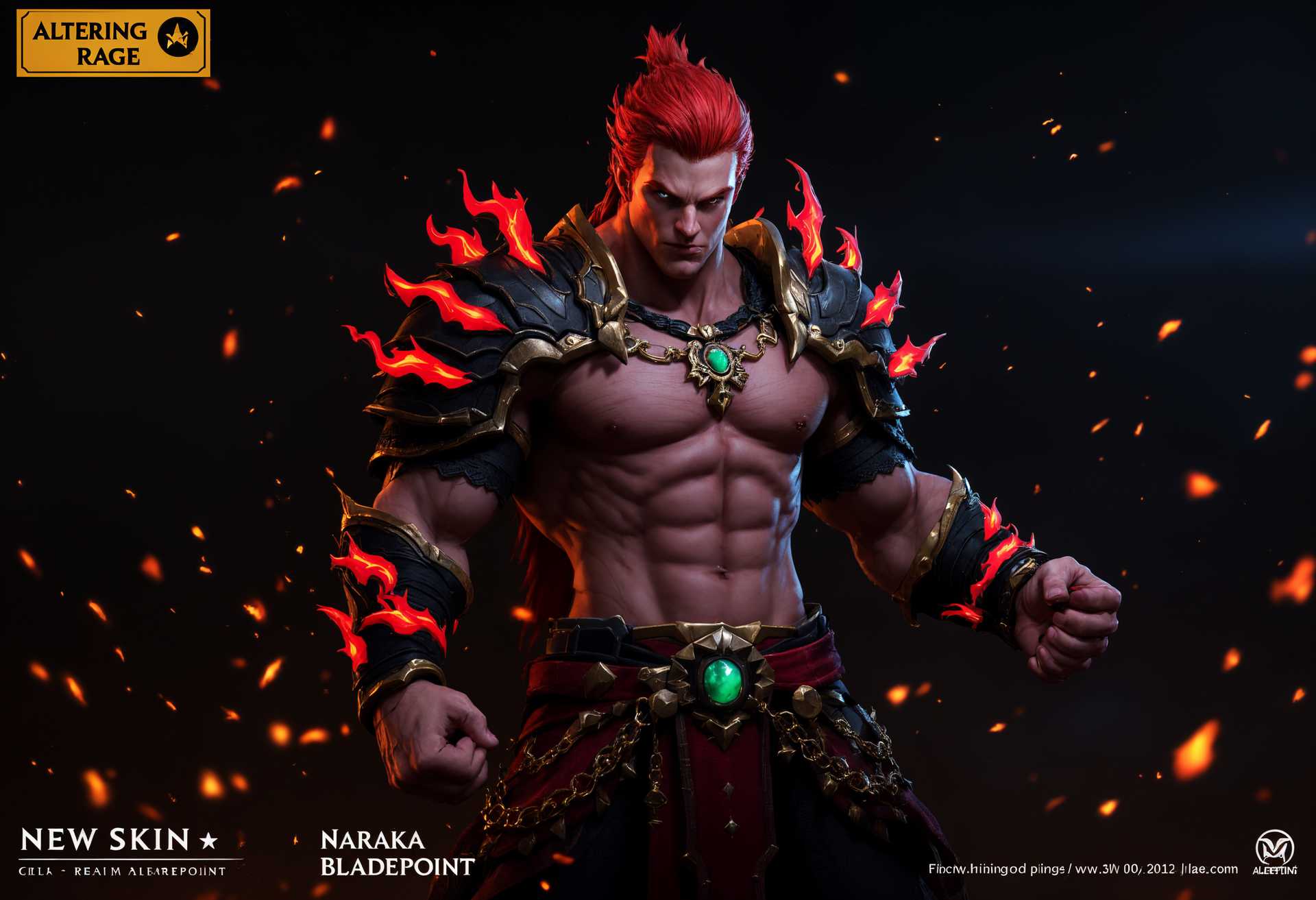masterpiece, best quality, highres, sharp image, more detail, Create a character illustration of a redhaired warrior in a dynamic, combatready stance. The warrior is wearing a detailed armor with red and black tones, featuring gold accents and chains. The armor has a mix of scale and plate designs, with red and orange flames emanating from the joints and edges. The warriors muscular arms are flexed, with clenched fists ready for battle. The characters attire includes a red and black utility belt with a green jade pendant. The background is dark with sparks and embers, enhancing the fiery and intense atmosphere. The text NEW SKIN and NARAKA BLADEPOINT are prominently displayed at the bottom, with ALTERING RAGE in a goldcolored label at the top left corner. The overall style of the artwork should be highfantasy with a focus on dramatic lighting and shadow to emphasize the 3D modeling and textural details.