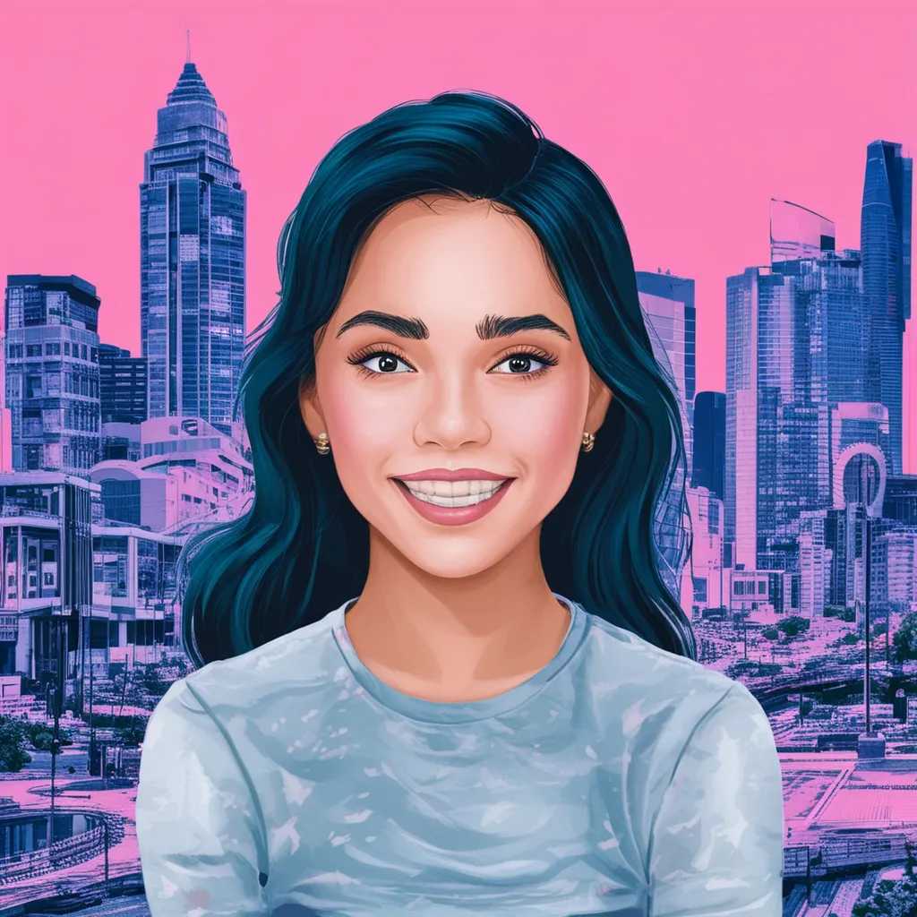 beautiful young woman, her background water color downtown city center