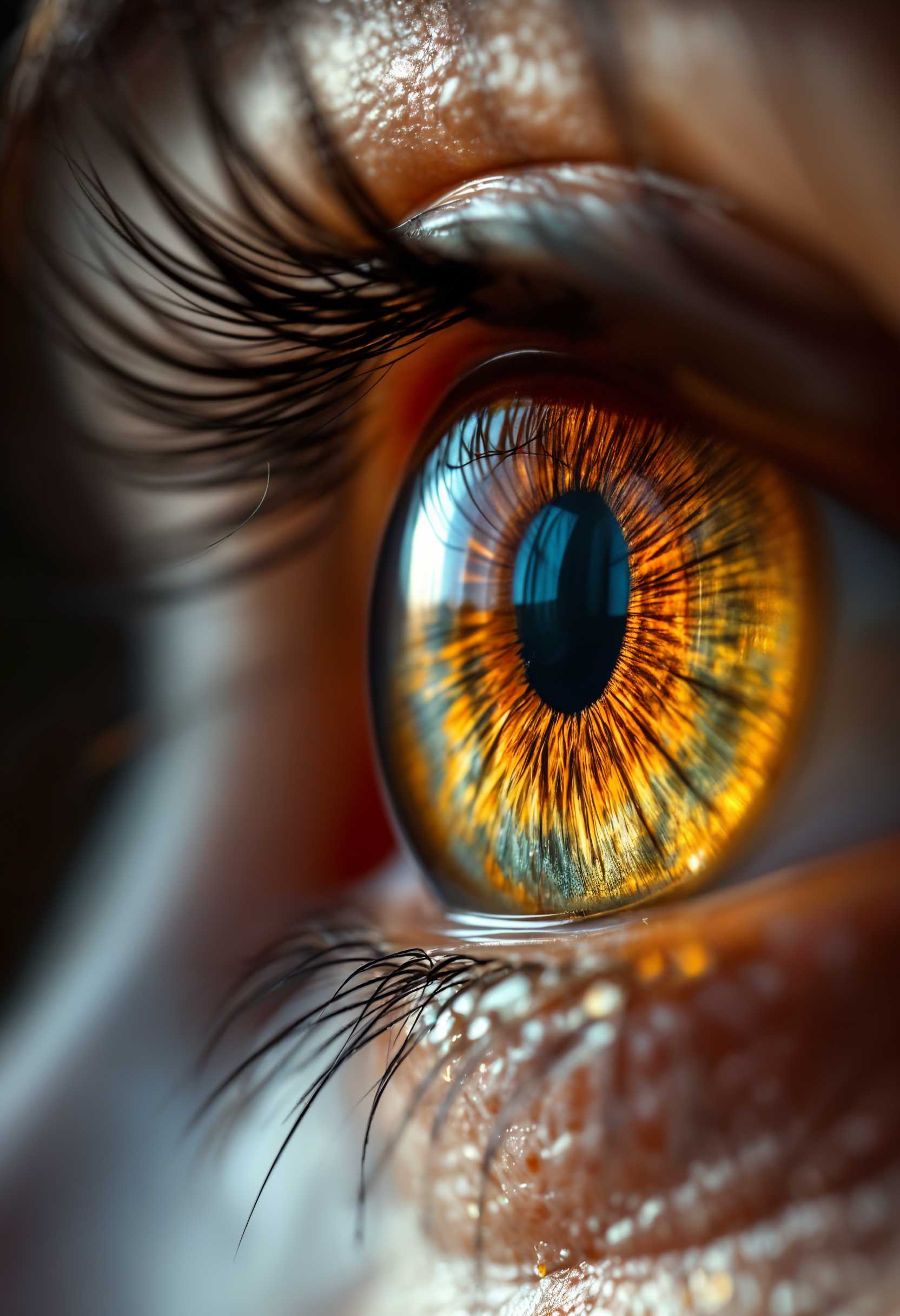 masterpiece, best quality, highres, sharp image, more detail, A hyper-realistic close-up of a detailed hazel eye, showcasing a mesmerizing array of colors including amber, green, and golden flecks, intricately blended with captivating patterns radiating from the iris. The image is rendered in stunning 8K resolution, emphasizing the fine textures of the eye's surface and the delicate veins surrounding it. Soft, diffused lighting enhances the depth and dimension, casting gentle highlights that accentuate the eye's reflective qualities. The composition features the eye positioned slightly off-center, drawing the viewer's gaze directly into the intricate detail of the iris. The overall mood conveys an intimate and profound connection, evoking curiosity and wonder.