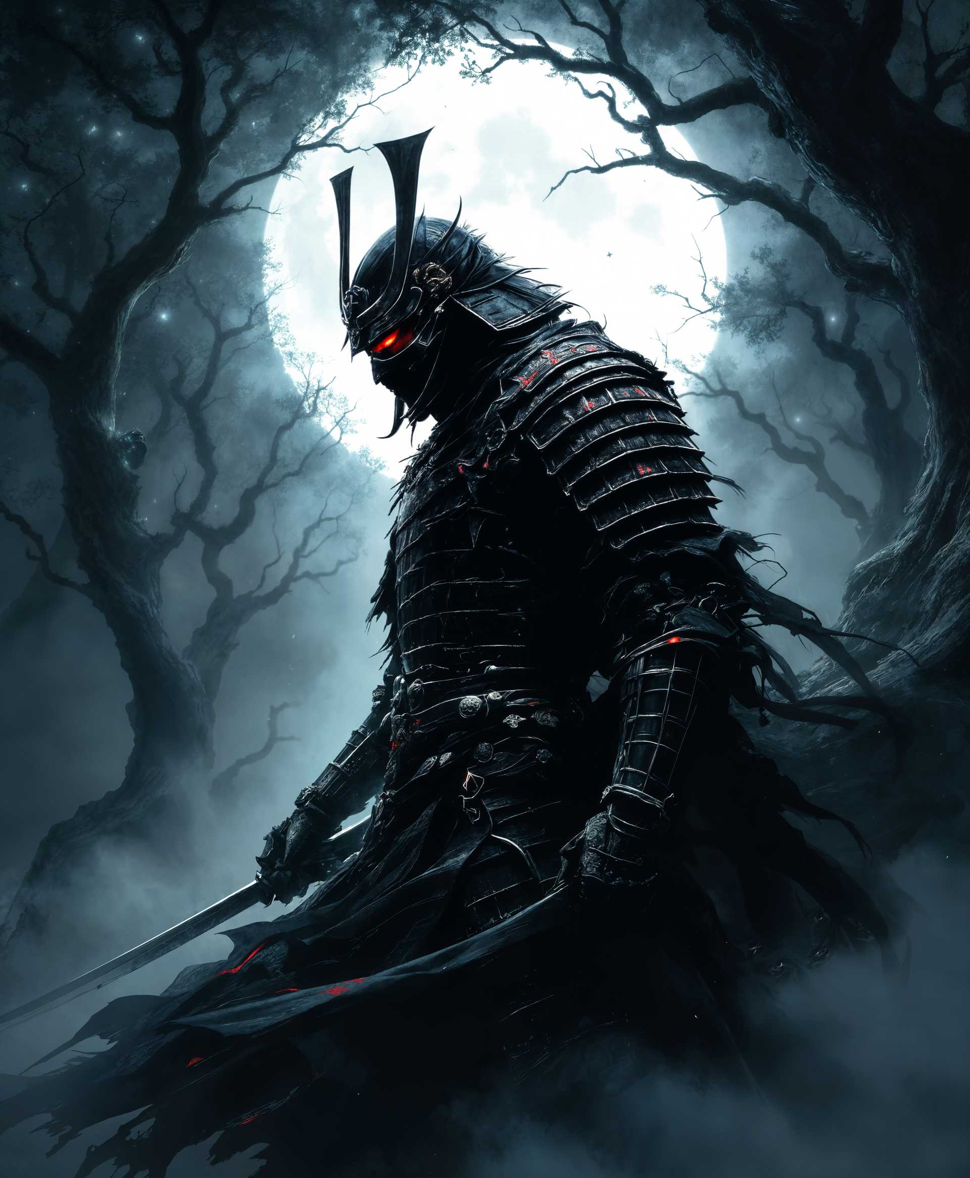 AI-generated image: masterpiece, best quality, highres, sharp image, more detail, A shadowy samurai warrior, shrouded in