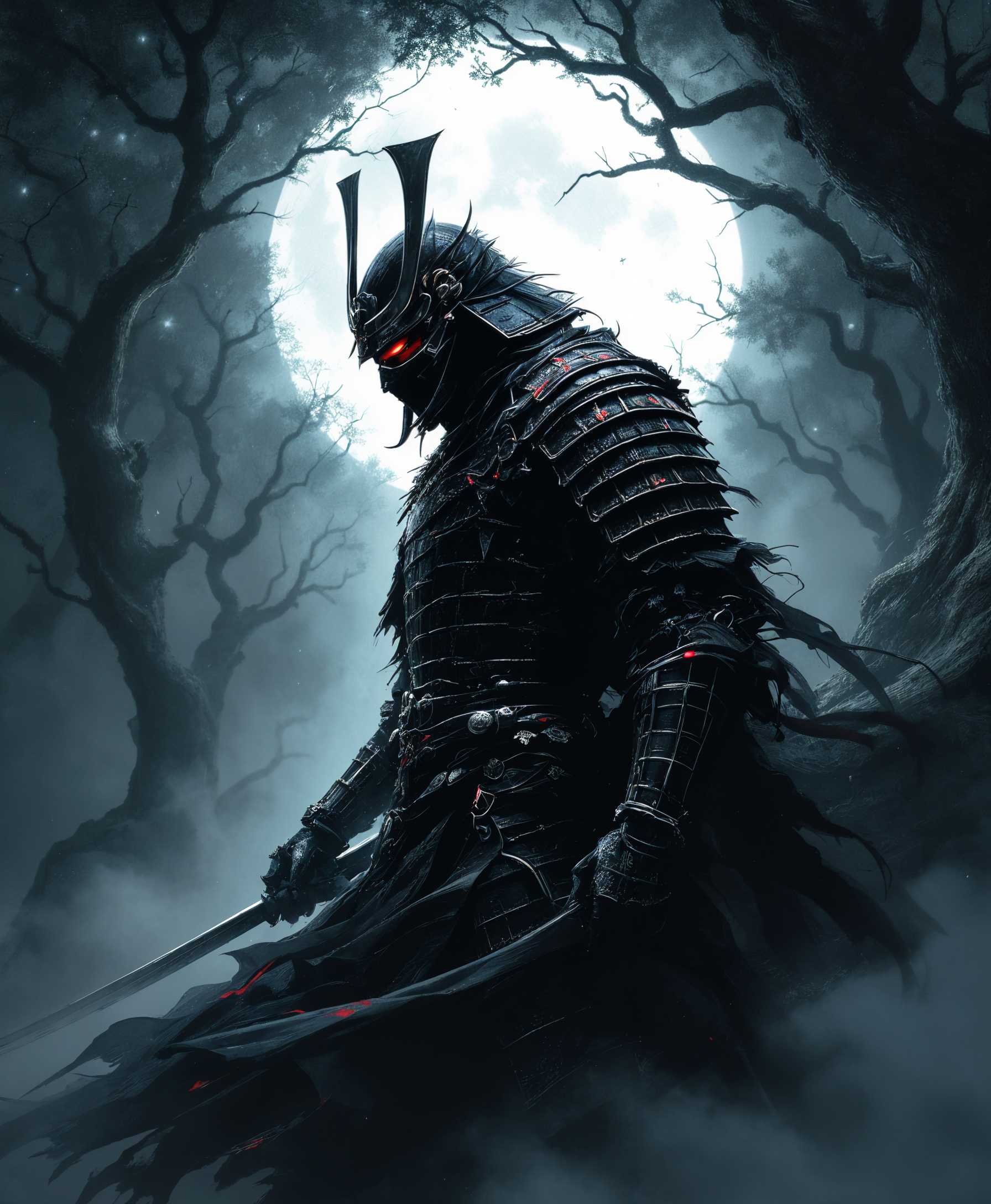 masterpiece, best quality, highres, sharp image, more detail, A shadowy samurai warrior, shrouded in intricate black armor adorned with subtle crimson accents, poised in a dynamic stance as if emerging from the darkness. The figure stands in a moonlit forest, illuminated by soft, ethereal light filtering through the dense canopy above. The textures of the armor are rich and detailed—metallic sheen reflecting the light, while tattered silks billow in the gentle breeze. The samurai's face is partially obscured by a menacing mask, revealing only fierce, determined eyes that gleam with intensity. The composition captures the warrior in profile, against the backdrop of ancient, gnarled trees, with mist curling around the base, enhancing the mysterious atmosphere. The scene portrays a high sense of tension and impending action, evoking a mood of secrecy and vigilance under a star-studded sky. This image reflects a blend of traditional Japanese ink painting and modern digital art, emphasizing dramatic contrasts between light and shadow.