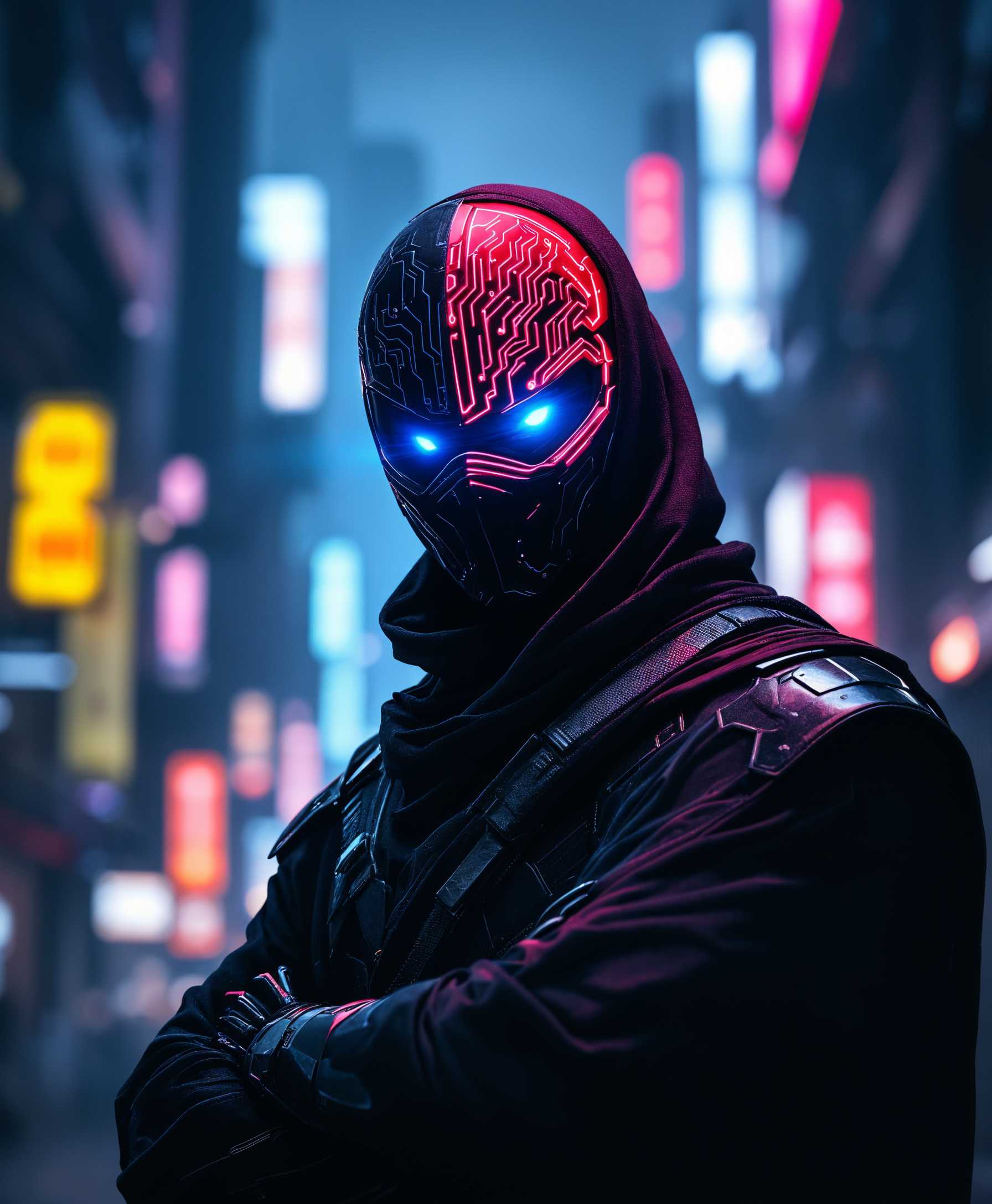masterpiece, best quality, highres, sharp image, more detail, Create an image of a cyborg ninja standing confidently in a dimly lit urban environment at night. The ninja wears a unique half-and-half colored mask—one side a sleek, glossy black with intricate circuit patterns, while the other side is a vibrant red adorned with sharp, angular designs. His remaining eye glows a piercing blue, hinting at advanced technology. The textures of his outfit should blend traditional ninja attire with futuristic materials, showcasing a mix of soft fabric and metallic armor plates. The background should be filled with shadowy outlines of towering buildings, illuminated by neon lights that cast colorful reflections. The composition should focus on a slight low-angle shot, giving a sense of power and mystery to the ninja as he stands poised, ready for action. The atmosphere is tense and electrifying, suggesting an impending confrontation in a world where technology meets ancient tradition.