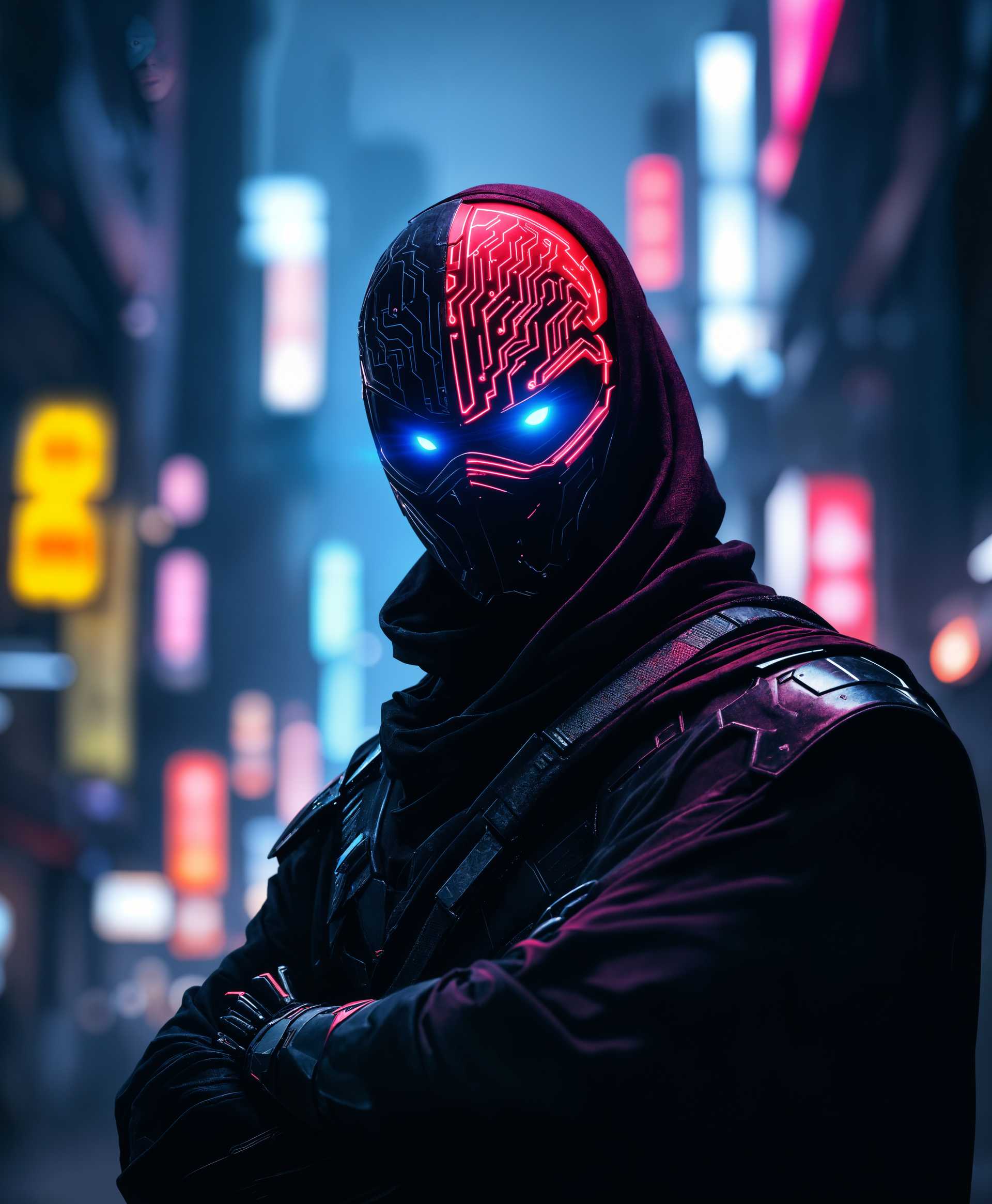 AI-generated image: masterpiece, best quality, highres, sharp image, more detail, Create an image of a cyborg ninja stan