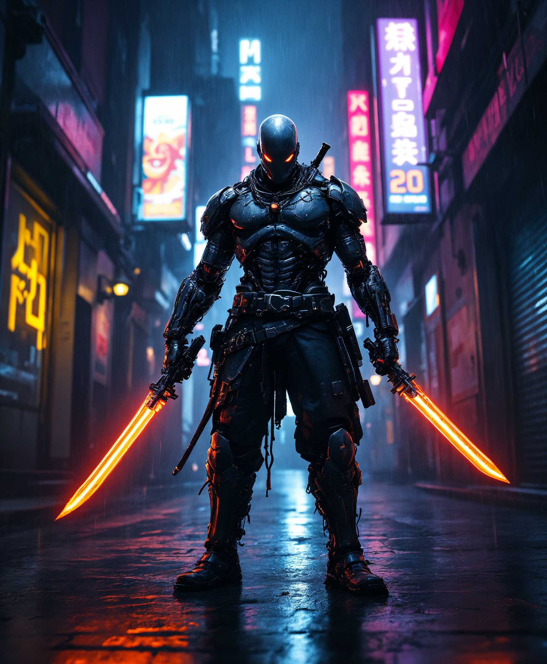 masterpiece, best quality, highres, sharp image, more detail, A gritty, dystopian scene featuring a cyborg outlaw, characteristically rugged and menacing, standing confidently in a shadowy alleyway illuminated by flickering neon lights. The cyborg's metallic limbs glint in the dim light, adorned with intricate circuitry and battle scars. He wields two glowing katanas, their blades sharp and reflective, while dual pistols are holstered at his sides, ready for action. 

The composition emphasizes the outlaw's imposing stature, captured from a low angle to enhance his formidable presence. In the background, billboards cast vibrant hues onto the rain-soaked pavement, enhancing the dramatic atmosphere of a rainy night. The mood reflects tension and danger, as if the outlaw is on the run from relentless government agents. Use a combination of cyberpunk aesthetics with high contrast shadows and bright splashes of color to create a dynamic, visually arresting image.