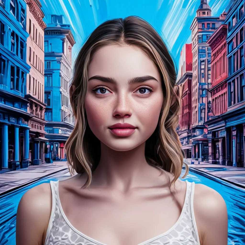 beautiful young woman, her background water color downtown city center. woman should be photorealistic and background bright water color buildings in focus