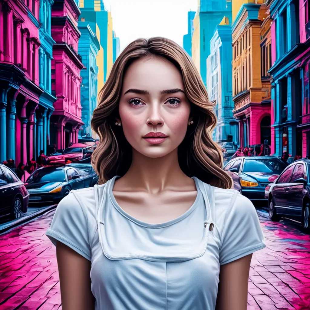 beautiful young woman, her background water color downtown city center. woman should be photorealistic and background bright water color buildings in focus