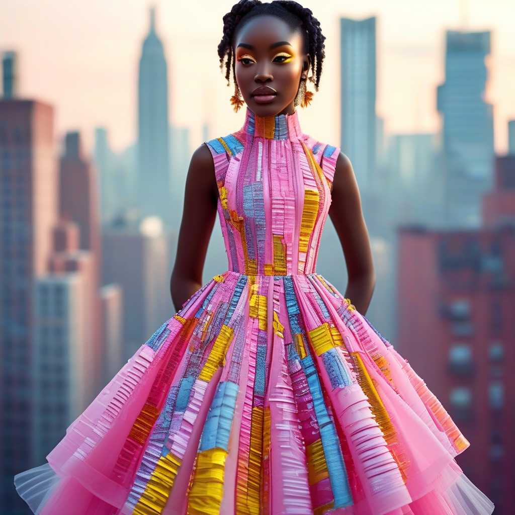 dress made out of pink, yellow and blue color background in the middle of New York Highrise building in focus