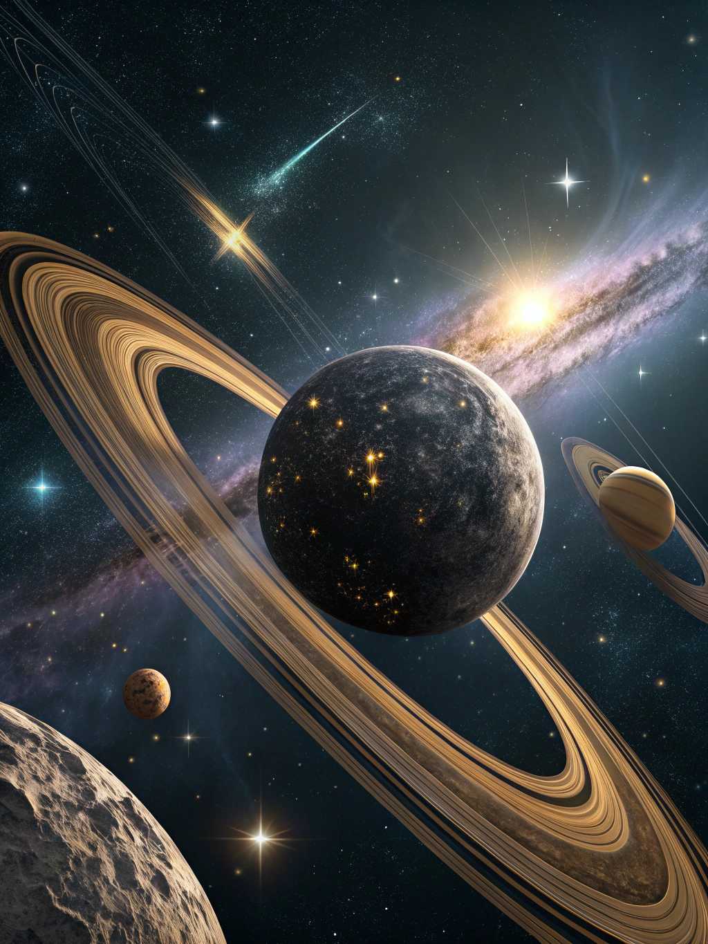 A cosmic planetscape unfolds with a central black planet, encircled by shimmering golden rings that glimmer like stars in the vast void. The planet's surface is adorned with large patches of lights, illuminating the dark terrain and showcasing vibrant cities bustling with life. Surrounding this celestial body, multiple moons are embellished with their own clusters of city lights, creating a mesmerizing dance of illumination against the cosmic backdrop. Spacecraft traverse the scene, moving towards and away from the planet and its surrounding moons, adding to the dynamic atmosphere. This breathtaking amalgamation of light and shadow highlights the beauty of urban life while emphasizing the vastness of space, evoking a profound sense of wonder in the cosmic expanse.