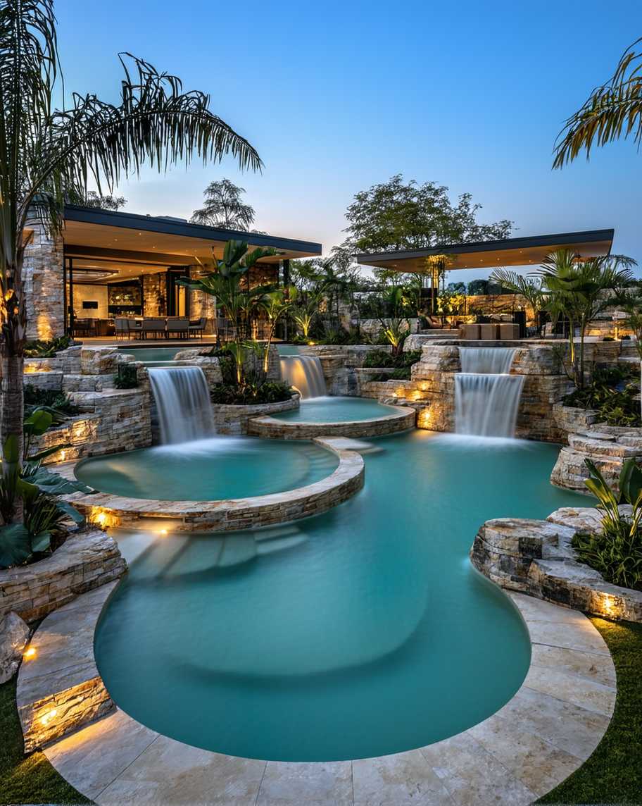 Luxury Resort Swimming Pool with Waterfall and Palm Trees