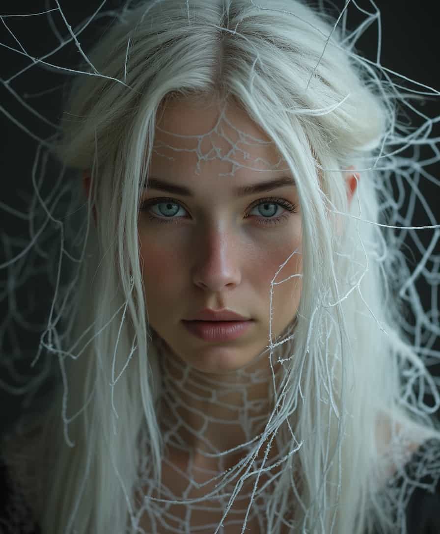 a portrait of a nordic woman, frontal, white hair composed of a lot of white spiderwebs, dark background