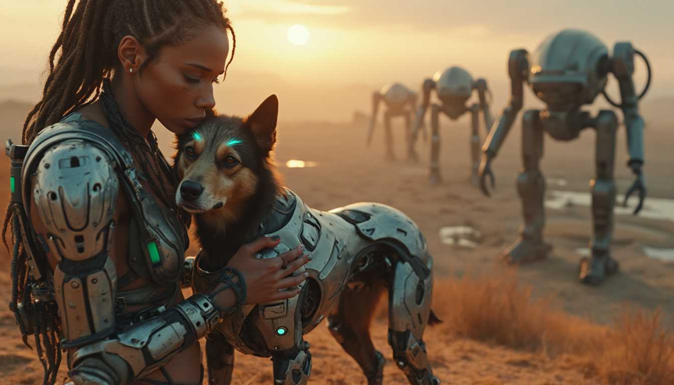 A cinematic shot of a cybernetic woman standing on top of a hill with a semi-robotic dog standing next to her. The woman has a futuristic, battle-worn look with braided hair, glowing cybernetic enhancements, and metal armor similar to the one in the first image. Her expression is a mix of stoicism and tenderness as she cradles the robotic dog. The dog has a sleek mechanical design fused with organic elements, with glowing LED eyes and metal plating interspersed with fur. The scene is shot from a low angle, highlighting their bond against a dramatic backdrop. In the distance, massive mechs march across a vast post-apocalyptic desert, their silhouettes towering over ruins and sand dunes. The environment combines the industrial aesthetic of the second image with warm, golden, post-apocalyptic lighting, casting long shadows and a dusty, atmospheric haze. The sky is a mix of soft oranges and blues, evoking the end of the day, while faint rays of sunlight permeate the scene. The overall tone combines emotional depth with an epic, dystopian atmosphere, showcasing both the beauty and desolation of the setting.