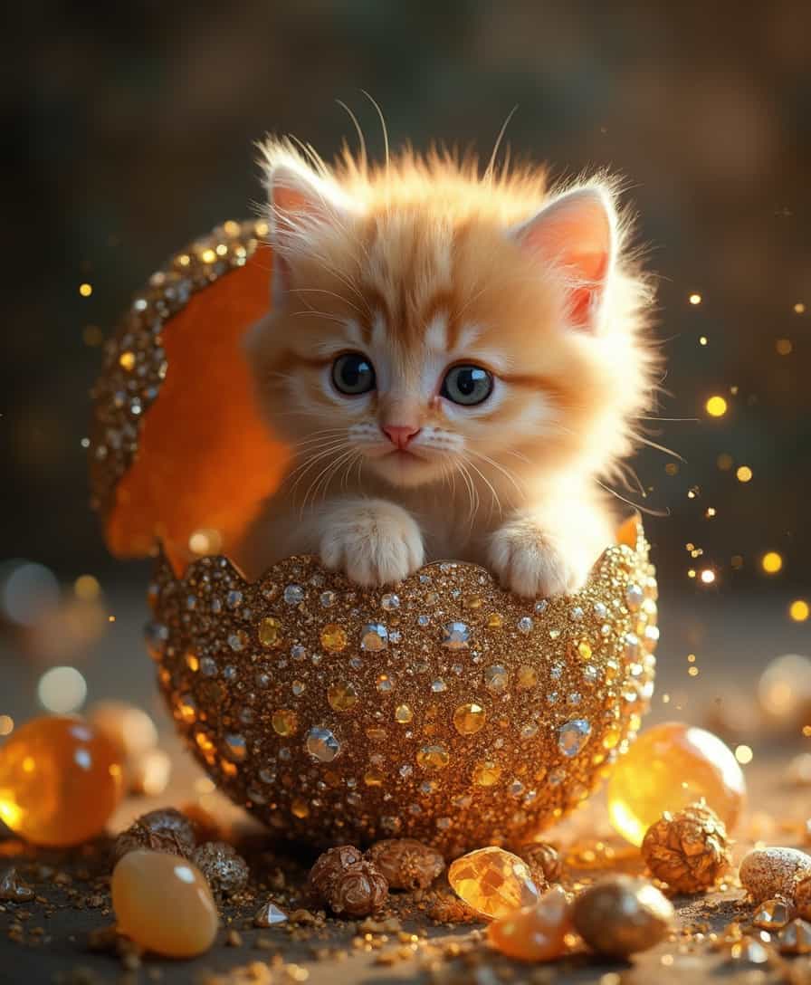 Adorable Kitten Peeking from Gold Egg with Sparkling Surroundings