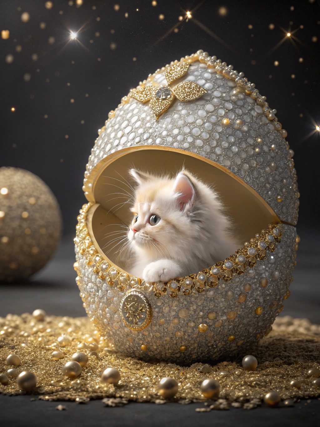 A luxurious and surreal egg, encrusted with sparkling diamonds and golden gemstones, opened to reveal an angora kitten, surrounded by intricate jewel-like textures and radiant particles