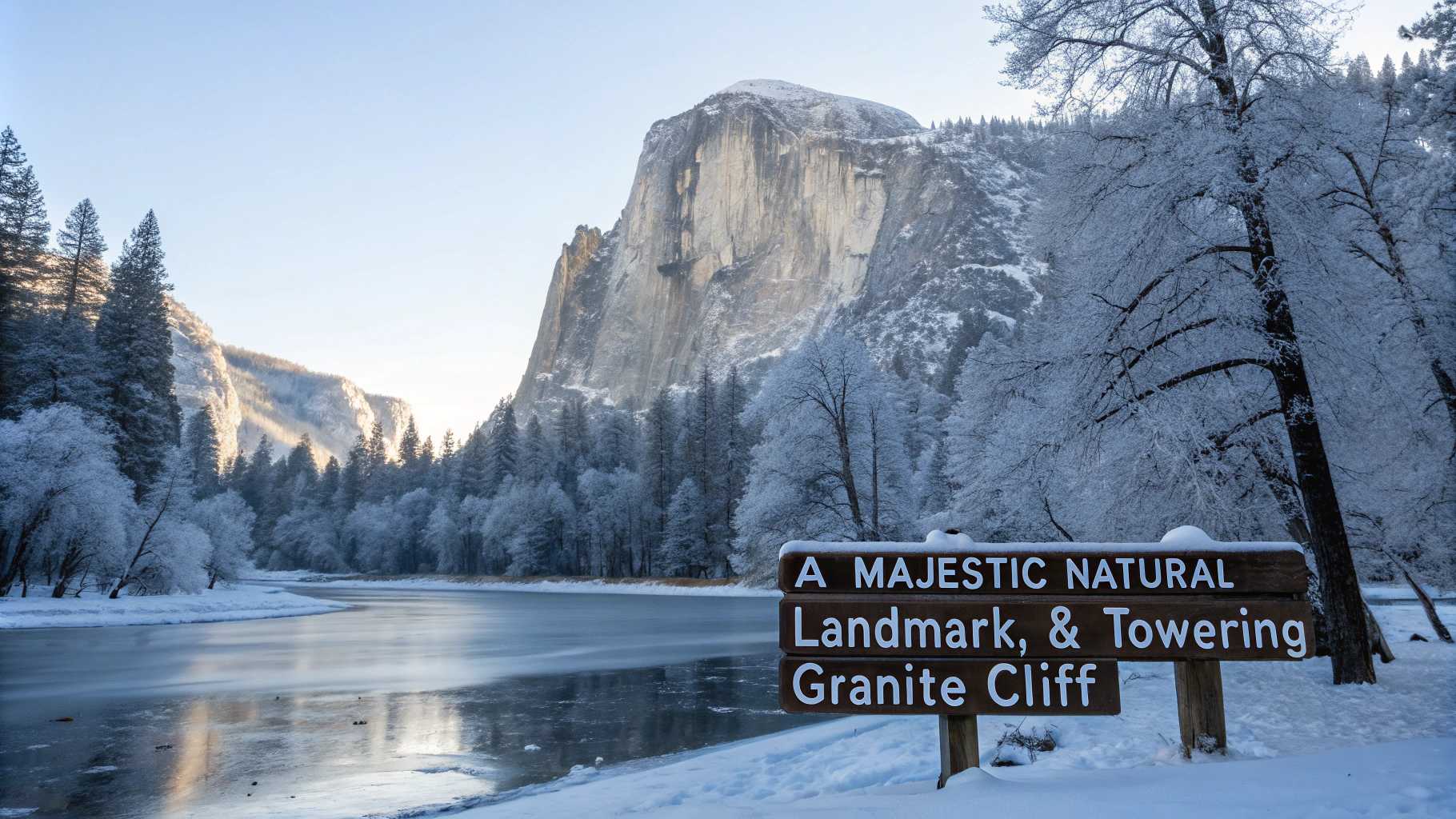 A majestic natural landmark, a towering granite cliff, looms in the background, its surface glistening with a thick layer of frost that sparkles like diamonds in the soft winter light. In the foreground, a frozen lake reflects the icy landscape, its surface a smooth, glassy expanse that mirrors the frosted trees lining its banks. These trees, heavy with snow, are adorned with intricate ice crystals that catch the light, creating a magical, ethereal atmosphere. A rustic wooden signpost, partially buried in snow, indicates that the area is closed for holidays, its letters barely visible beneath a layer of frost. The ground is blanketed in a thick layer of powdery snow, with gentle undulations leading up to the base of the cliff, while small, delicate icicles hang from the cliff's edge. The sky above is a pale blue, with wispy clouds drifting lazily, adding a sense of serenity to the scene. 

Keywords: winter landscape, frost-covered, natural landmark, serene atmosphere, soft lighting, high contrast, symmetrical composition, cool color palette, tranquil perspective, reflective surfaces, winter wonderland, rustic elements, holiday closure, crystalline textures.