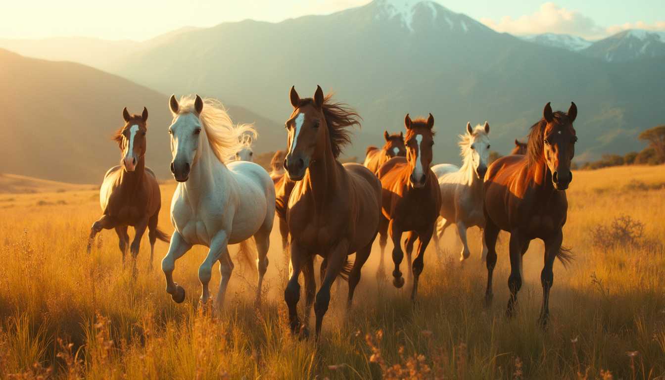 A overhead shot and hyper-realistic portrait of a group of horses running in the grassy field with beautiful landscape of the lesotho heritage. reminiscent of Kodak Portra 400 and Cinestill 800 film stocks. The overall aesthetic is inspired by the works of Maciej Kuciara, Jama Jurabaev, and Wojtek Fus, with a filmic quality that echoes the Leica M10 camera.