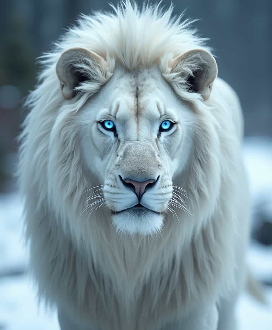 A graceful white lion stands with a firm gaze and glowing blue eyes. The image is taken close-up, highlighting the lion's face and the details of its armor. The background is a blurred snowy landscape, creating a cold and mysterious atmosphere.