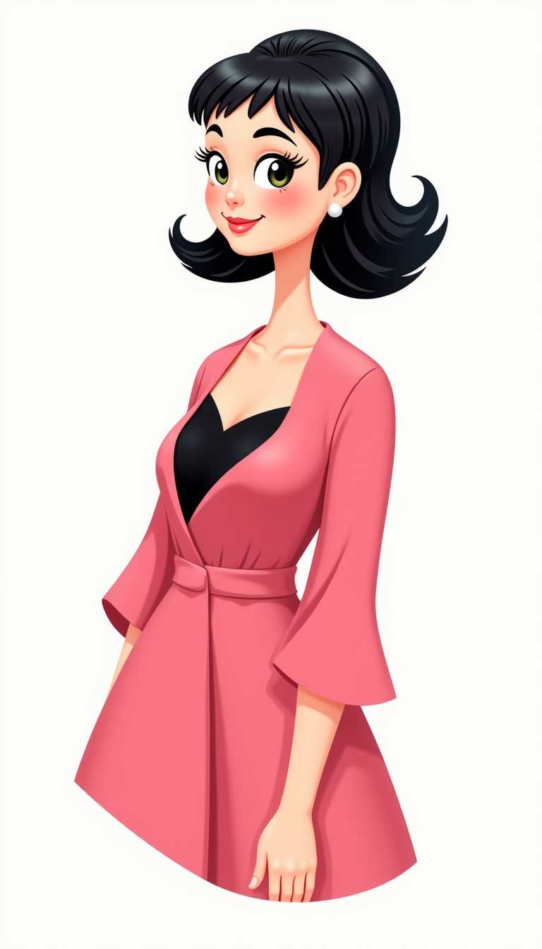 This image is a stylized illustration of a female figure. The art style is reminiscent of midcentury modern design, with a focus on clean lines and a simplified form. The medium appears to be digital, as evidenced by the crisp edges and the way the colors blend together.The subject of the illustration is a woman with a profile view. She has a prominent, rounded chin and a small, delicate nose. Her eyes are large and expressive, with long lashes and a hint of blush on her cheeks. The hair is styled in a classic wave, with a curl at the top of her head, and it cascades down her back in soft, flowing lines.The woman is wearing a bright pink garment that drapes elegantly over her shoulders and chest. The fabric has a soft, rounded shape, with a gentle curve that follows the contours of her body. The garment is black at the neckline, creating a striking contrast with the pink hue of the rest of the piece.The background of the image is a solid white, which serves to highlight the subject and the vibrant colors of her attire. The white background also gives the illustration a minimalist feel, focusing the viewers attention solely on the figure and her clothing.Overall, the image exudes a sense of femininity and charm, with its soft color palette and playful subject matter. The use of bright pink and the classic wave hairstyle add a touch of nostalgia, reminiscent of 1950s and 1960s fashion. The illustration is both whimsical and sophisticated, capturing a timeless elegance.