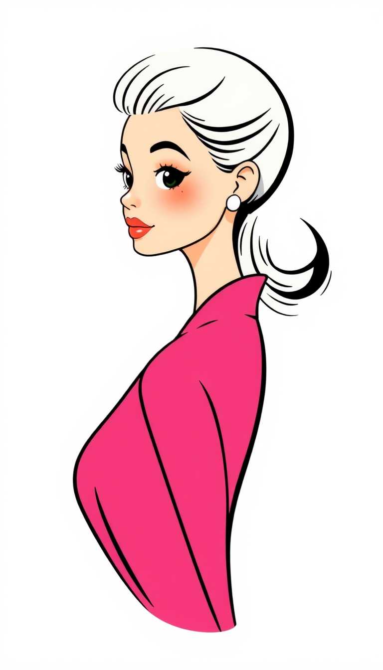 This image is a stylized illustration of a female figure. The art style is reminiscent of midcentury modern design, with a focus on clean lines and a simplified form. The medium appears to be digital, as evidenced by the crisp edges and the way the colors blend together.The subject of the illustration is a woman with a profile view. She has a prominent, rounded chin and a small, delicate nose. Her eyes are large and expressive, with long lashes and a hint of blush on her cheeks. The hair is styled in a classic wave, with a curl at the top of her head, and it cascades down her back in soft, flowing lines.The woman is wearing a bright pink garment that drapes elegantly over her shoulders and chest. The fabric has a soft, rounded shape, with a gentle curve that follows the contours of her body. The garment is black at the neckline, creating a striking contrast with the pink hue of the rest of the piece.The background of the image is a solid white, which serves to highlight the subject and the vibrant colors of her attire. The white background also gives the illustration a minimalist feel, focusing the viewers attention solely on the figure and her clothing.Overall, the image exudes a sense of femininity and charm, with its soft color palette and playful subject matter. The use of bright pink and the classic wave hairstyle add a touch of nostalgia, reminiscent of 1950s and 1960s fashion. The illustration is both whimsical and sophisticated, capturing a timeless elegance.