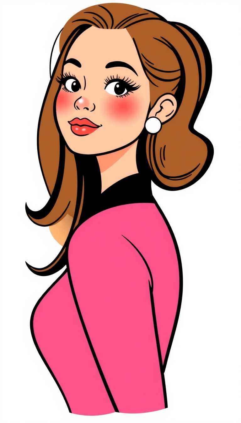 This image is a stylized illustration of a female figure. The art style is reminiscent of midcentury modern design, with a focus on clean lines and a simplified form. The medium appears to be digital, as evidenced by the crisp edges and the way the colors blend together.The subject of the illustration is a woman with a profile view. She has a prominent, rounded chin and a small, delicate nose. Her eyes are large and expressive, with long lashes and a hint of blush on her cheeks. The hair is styled in a classic wave, with a curl at the top of her head, and it cascades down her back in soft, flowing lines.The woman is wearing a bright pink garment that drapes elegantly over her shoulders and chest. The fabric has a soft, rounded shape, with a gentle curve that follows the contours of her body. The garment is black at the neckline, creating a striking contrast with the pink hue of the rest of the piece.The background of the image is a solid white, which serves to highlight the subject and the vibrant colors of her attire. The white background also gives the illustration a minimalist feel, focusing the viewers attention solely on the figure and her clothing.Overall, the image exudes a sense of femininity and charm, with its soft color palette and playful subject matter. The use of bright pink and the classic wave hairstyle add a touch of nostalgia, reminiscent of 1950s and 1960s fashion. The illustration is both whimsical and sophisticated, capturing a timeless elegance.