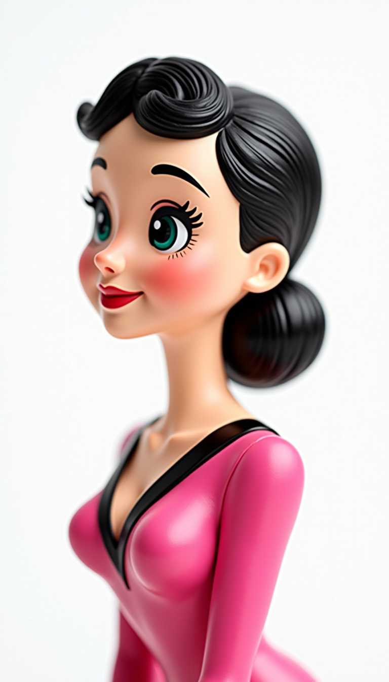 3d cartoon wooden characters painted with glossy paint. Toy diorama.The subject of the illustration is a woman with a profile view. She has a prominent, rounded chin and a small, delicate nose. Her eyes are large and expressive, with long lashes and a hint of blush on her cheeks. The hair is styled in a classic wave, with a curl at the top of her head, and it cascades down her back in soft, flowing lines.The woman is wearing a bright pink garment that drapes elegantly over her shoulders and chest. The fabric has a soft, rounded shape, with a gentle curve that follows the contours of her body. The garment is black at the neckline, creating a striking contrast with the pink hue of the rest of the piece.The background of the image is a solid white, which serves to highlight the subject and the vibrant colors of her attire. The white background also gives the illustration a minimalist feel, focusing the viewers attention solely on the figure and her clothing.Overall, the image exudes a sense of femininity and charm, with its soft color palette and playful subject matter. The use of bright pink and the classic wave hairstyle add a touch of nostalgia, reminiscent of 1950s and 1960s fashion. The illustration is both whimsical and sophisticated, capturing a timeless elegance.