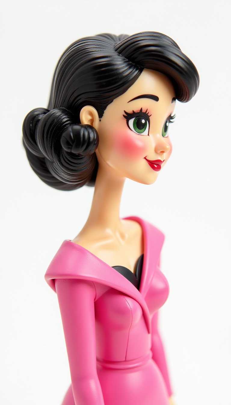 3d cartoon wooden characters painted with glossy paint. Toy diorama.The subject of the illustration is a woman with a profile view. She has a prominent, rounded chin and a small, delicate nose. Her eyes are large and expressive, with long lashes and a hint of blush on her cheeks. The hair is styled in a classic wave, with a curl at the top of her head, and it cascades down her back in soft, flowing lines.The woman is wearing a bright pink garment that drapes elegantly over her shoulders and chest. The fabric has a soft, rounded shape, with a gentle curve that follows the contours of her body. The garment is black at the neckline, creating a striking contrast with the pink hue of the rest of the piece.The background of the image is a solid white, which serves to highlight the subject and the vibrant colors of her attire. The white background also gives the illustration a minimalist feel, focusing the viewers attention solely on the figure and her clothing.Overall, the image exudes a sense of femininity and charm, with its soft color palette and playful subject matter. The use of bright pink and the classic wave hairstyle add a touch of nostalgia, reminiscent of 1950s and 1960s fashion. The illustration is both whimsical and sophisticated, capturing a timeless elegance.