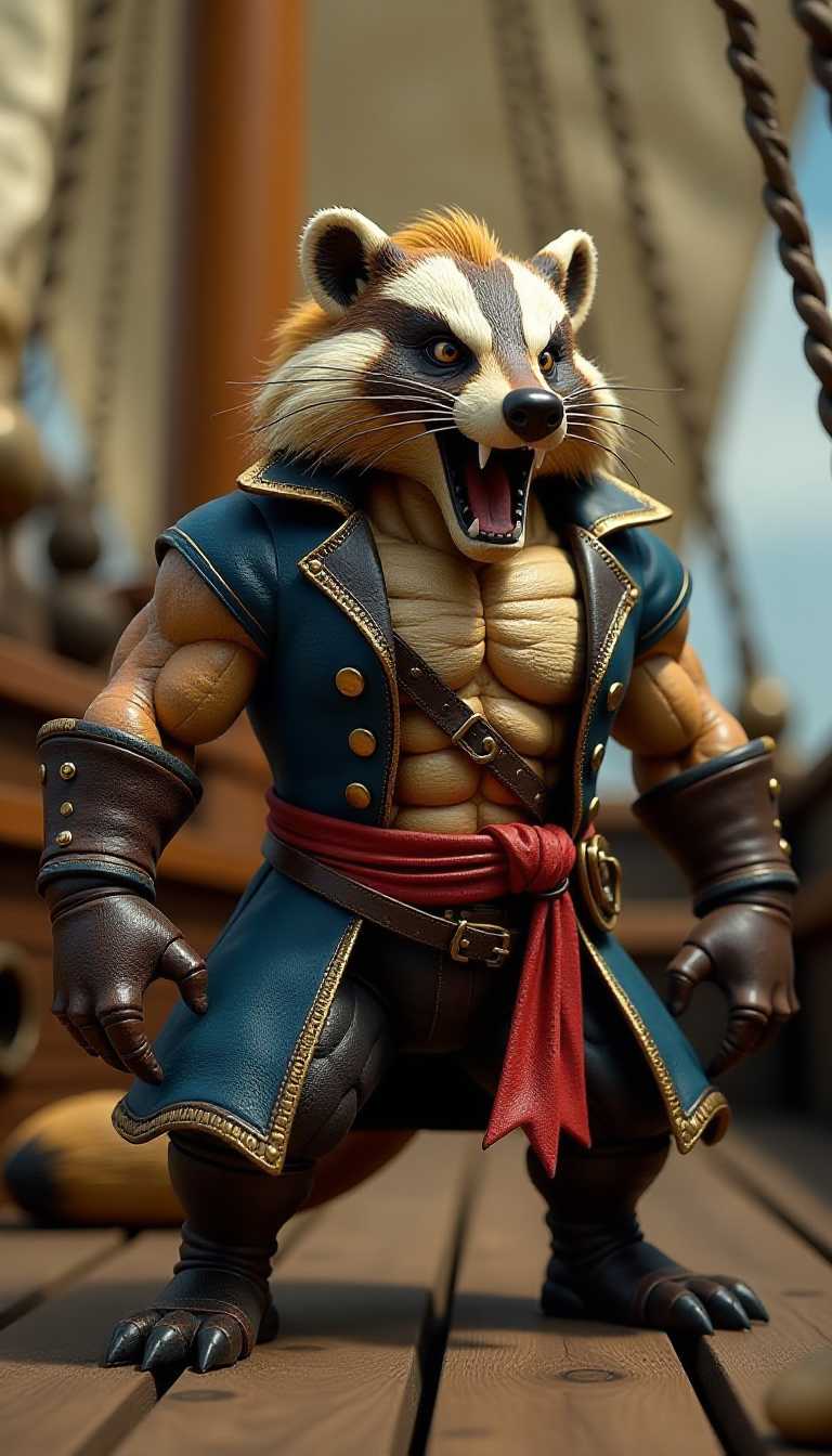 3d cartoon wooden characters painted with glossy paint. Toy diorama. A fearsome anthropomorphic badger with a muscular physique stands aboard a pirate ship, roaring fiercely. He wears a rugged pirate outfit featuring a weathered navy-blue coat with gold trim, a red sash tied around his waist, and leather bracers adorned with intricate details. His fur is golden and wild, his mane flowing dramatically, and his sharp claws are exposed, emphasizing his ferocity. The setting is a wooden ship deck, with towering masts and sails in the background, creating an intense and adventurous atmosphere. The lighting highlights his muscular frame and the textures of his clothing, enhancing the dramatic tone of the scene.