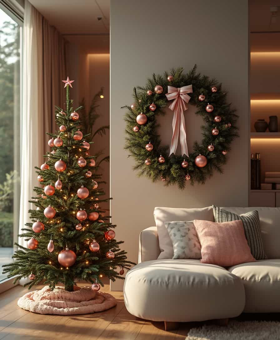 photorealistic photo of a modern living room with a Christmas tree and a christmas wreath decorated with pink ornaments, ultra realistic, ultra detailed, exquisite detail,  30 megapixels, CanonEOS 5D Mark IV DSLR, sharp focus, intricate detail, diffuse backlighting, award-winning photograph, perfect contrast, high sharpness, depth of field, ultra-detailed photography,  global illumination, ultra high definition,  award-winning photography,  golden hour light, wide lens photo