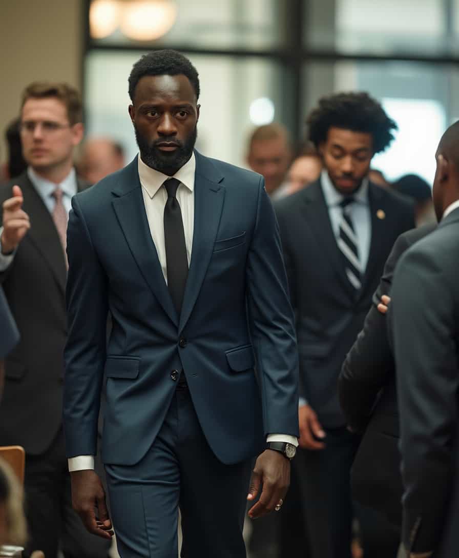 Michael Brooks (35-year-old Black man with deep brown skin, oval face shape, sharp jawline, short black curls, 6 feet tall, fit and lean, wearing a navy blue business suit, white dress shirt, and a black tie) walking out of the conference room slowly, avoiding eye contact with his colleagues as they congratulate Andrew, his expression tense and conflicted.