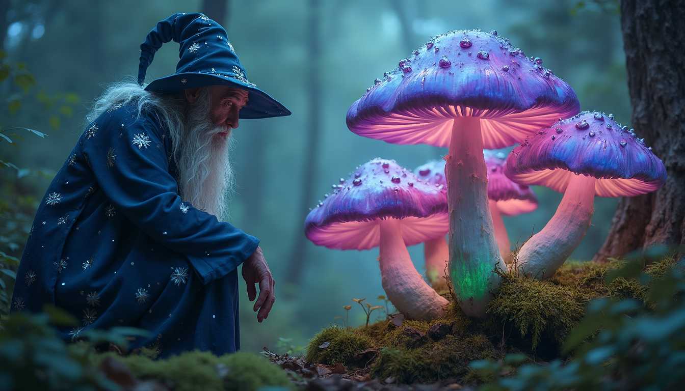 The image features a whimsical forest scene, bathed in soft, ethereal lighting that creates a dreamlike atmosphere. In the foreground, a wise old wizard, cloaked in deep blue robes adorned with shimmering silver stars, kneels beside a cluster of vibrant, oversized magic mushrooms that glow with an otherworldly luminescence. The mushrooms, in hues of iridescent purple and electric green, rise majestically from the mossy forest floor, their caps dotted with sparkling dew. The composition is balanced, with the wizard positioned slightly off-center, drawing the viewer’s eye toward the enchanting fungi. The background is a tapestry of lush greenery and softly blurred trees, enhancing the sense of depth and wonder in this enchanting fantasy genre scene.