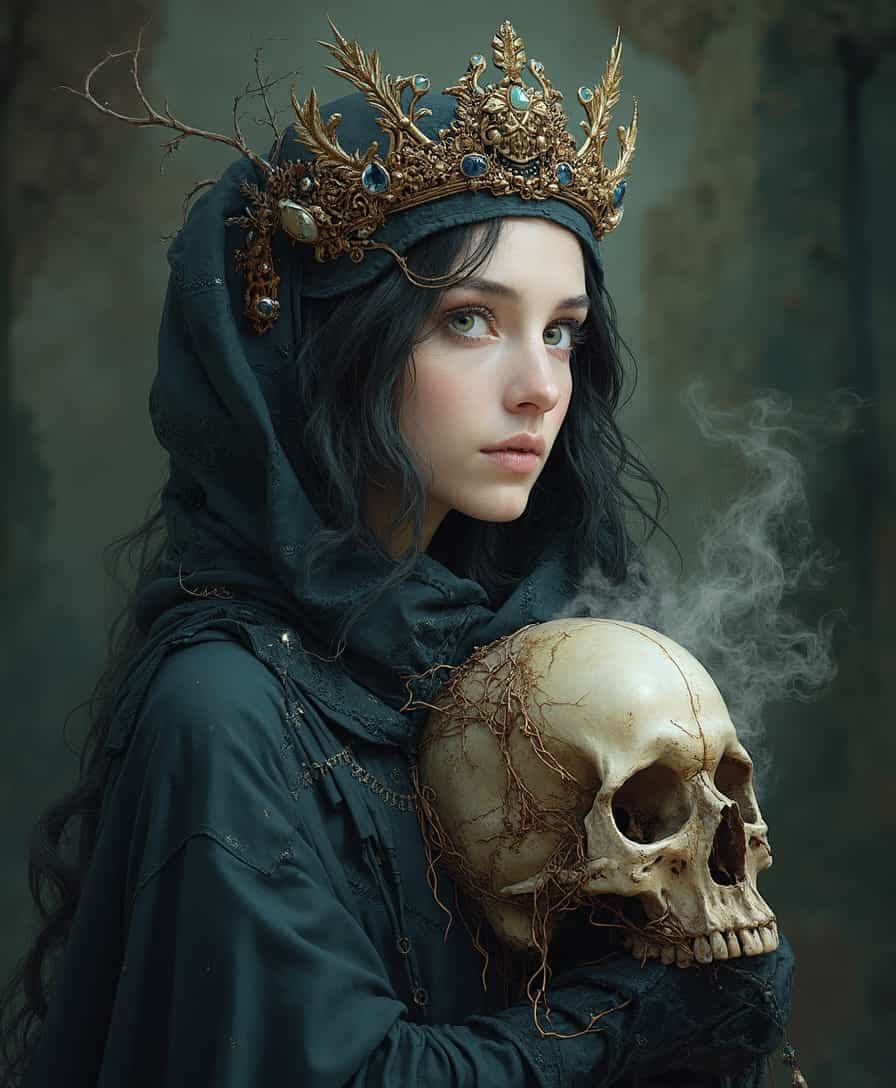 Fantasy woman witch adorned with accessories, jewels, and decorations, enveloped in a world of fluid illustration. She embodies the enchanting allure of the mystical, with skull of a fallen king, exuding a sense of decay and grandeur. The skull is weathered and cracked, showing the passage of time, with hollow, haunting eye sockets. A rusted, tarnished crown sits unevenly on the skull, adorned with broken jewels and tangled with dried vines. Wisps of smoke and ethereal mist surround the skull, adding a ghostly and somber atmosphere. The background is dark and moody, with faint glimmers of light accentuating the texture of the skull and the oxidation of the crown. The image symbolizes decay, the fleeting nature of power, and the haunting beauty of ruinintricate and detailed designs flowing seamlessly across her attire. Her captivating gaze, reminiscent of an enigmatic sorceress, draws you in as she stands amidst a backdrop of softly blurred magical elements. Embrace the charm of timeless beauty, where classic curves and modern fantasy intertwine, creating a stunning visual narrative that celebrates both elegance and mystery. The illustration captures the essence of an ethereal being, radiating both power and grace, inviting you to explore the depths of her enchanting realm.