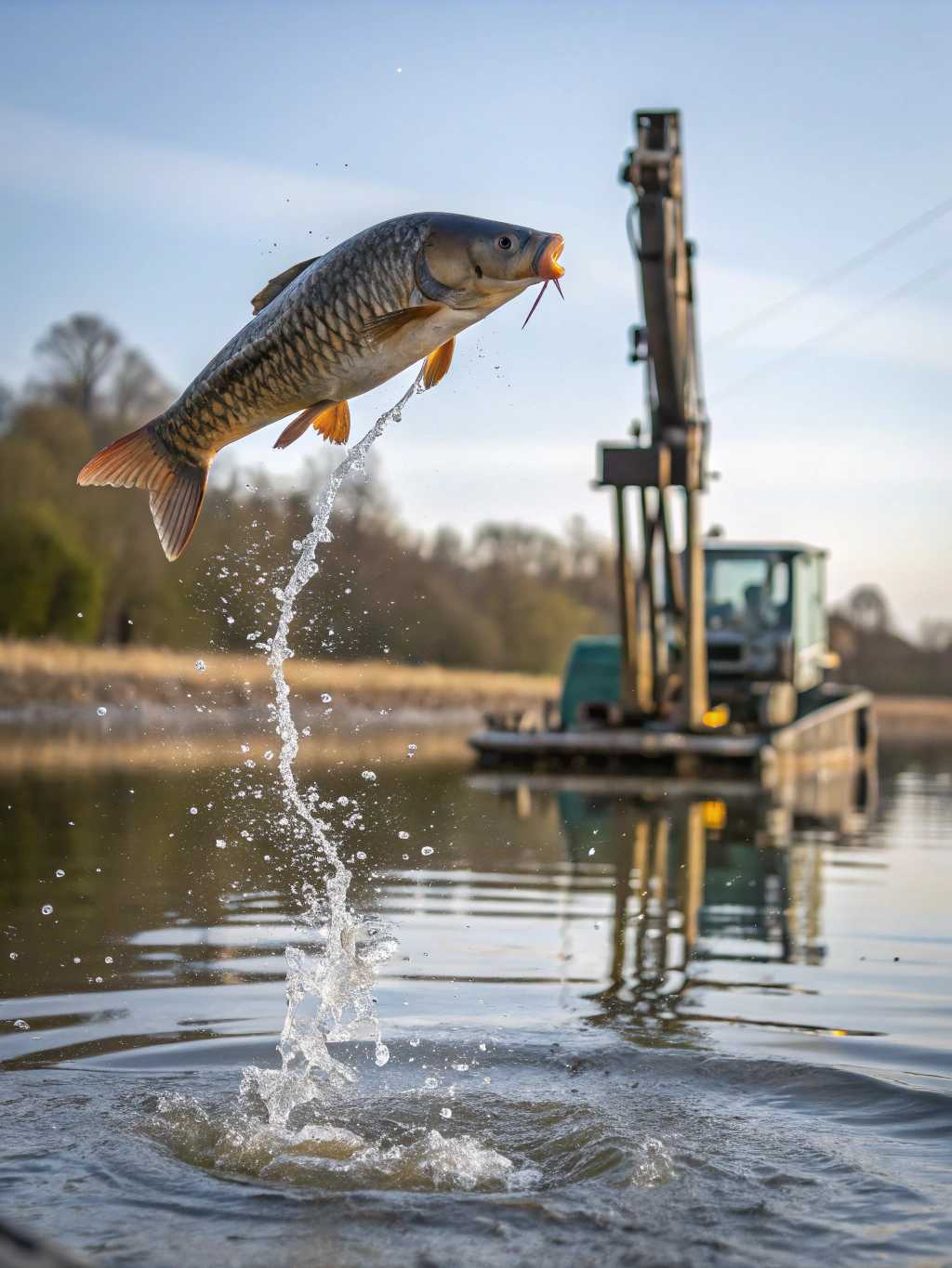 a carp in the water jumps to the surface with a drill in the background