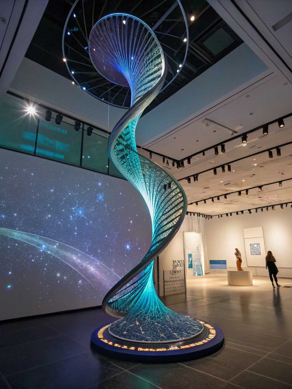 In the center of a vast, ethereal gallery, an abstract sculpture rises like a celestial beacon, its form twisting and spiraling with an organic elegance that defies gravity. Crafted from a luminous, iridescent material, the surface shimmers in hues of deep indigo and vibrant teal, reflecting light in a dance of colors that shift with every angle viewed, reminiscent of the cosmos itself. Surrounding the sculpture, intricate sci-fi patterns weave through the air, projected from hidden sources, creating a tapestry of geometric shapes and flowing lines that pulse rhythmically, as though alive with energy.

The orb art, suspended nearby, glows softly, a translucent sphere that seems to contain swirling galaxies within its depths, casting a gentle, otherworldly illumination across the polished floor. Shadows play and flicker, their movement accentuated by the dynamic interplay of light and form, while the atmosphere hums with a serene, almost sacred energy. The composition is a harmonious blend of chaos and order, inviting the observer to step closer, to explore the boundaries of imagination and reality, as if stepping into a realm where the divine and the fantastical coexist in perfect unity. The perspective draws the viewer upward, as if beckoning them to transcend the ordinary and embrace the sublime mystery of creation.